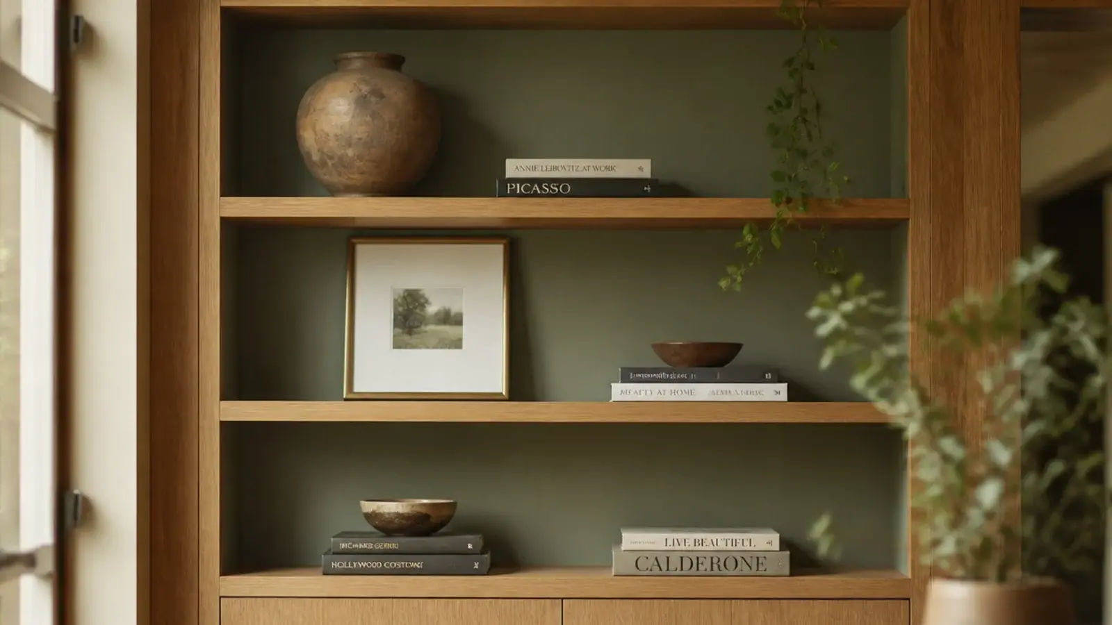 bookshelf decor with a large clay vessel leaning frame and stacked books