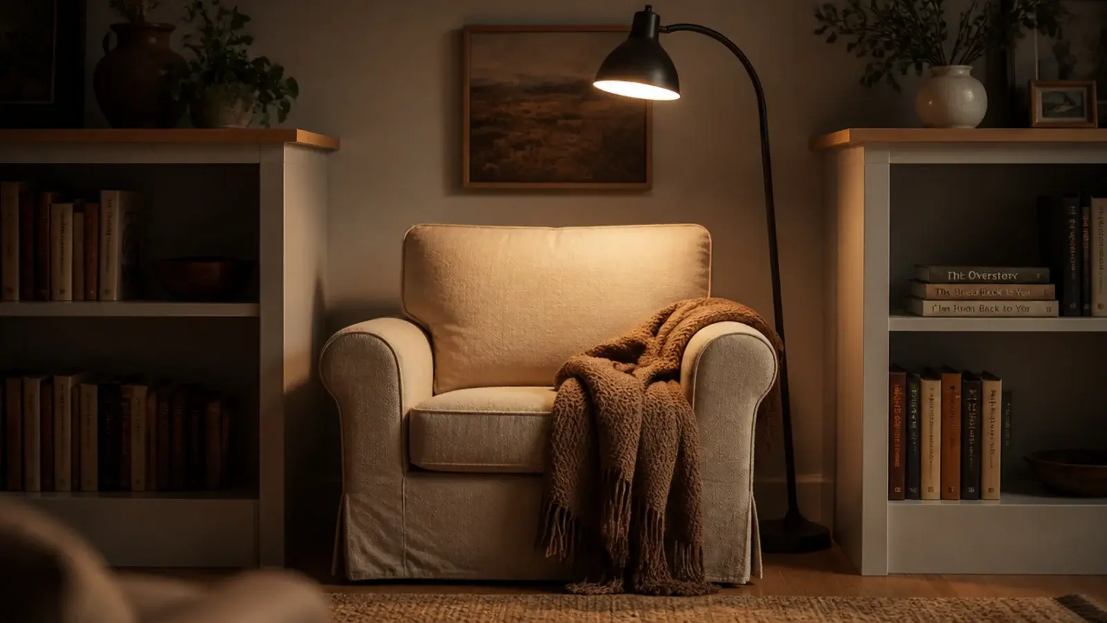 armchair framed by two half height bookcases forming a reading nook