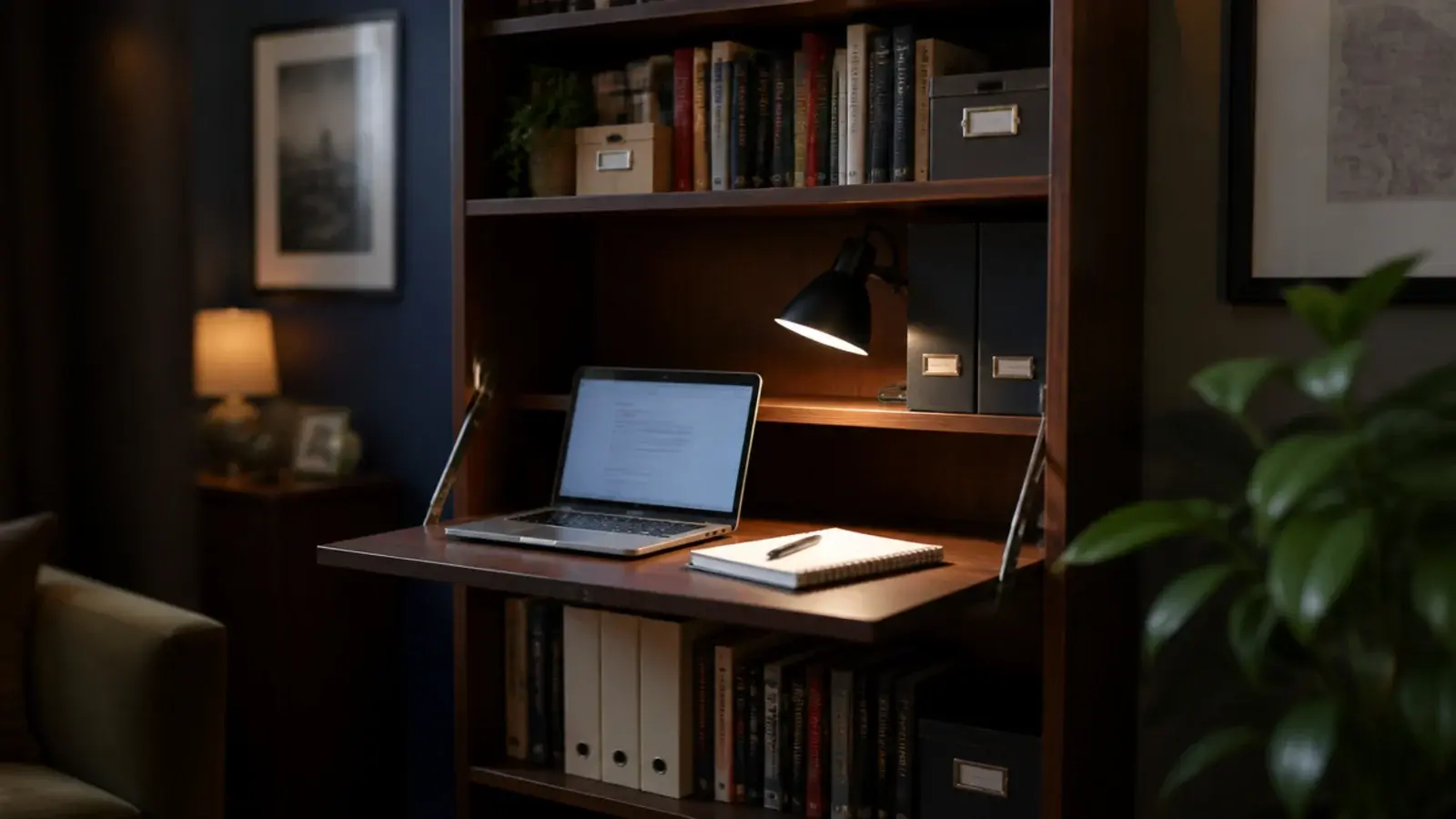 fold down desk flap open inside a tall bookcase with books around