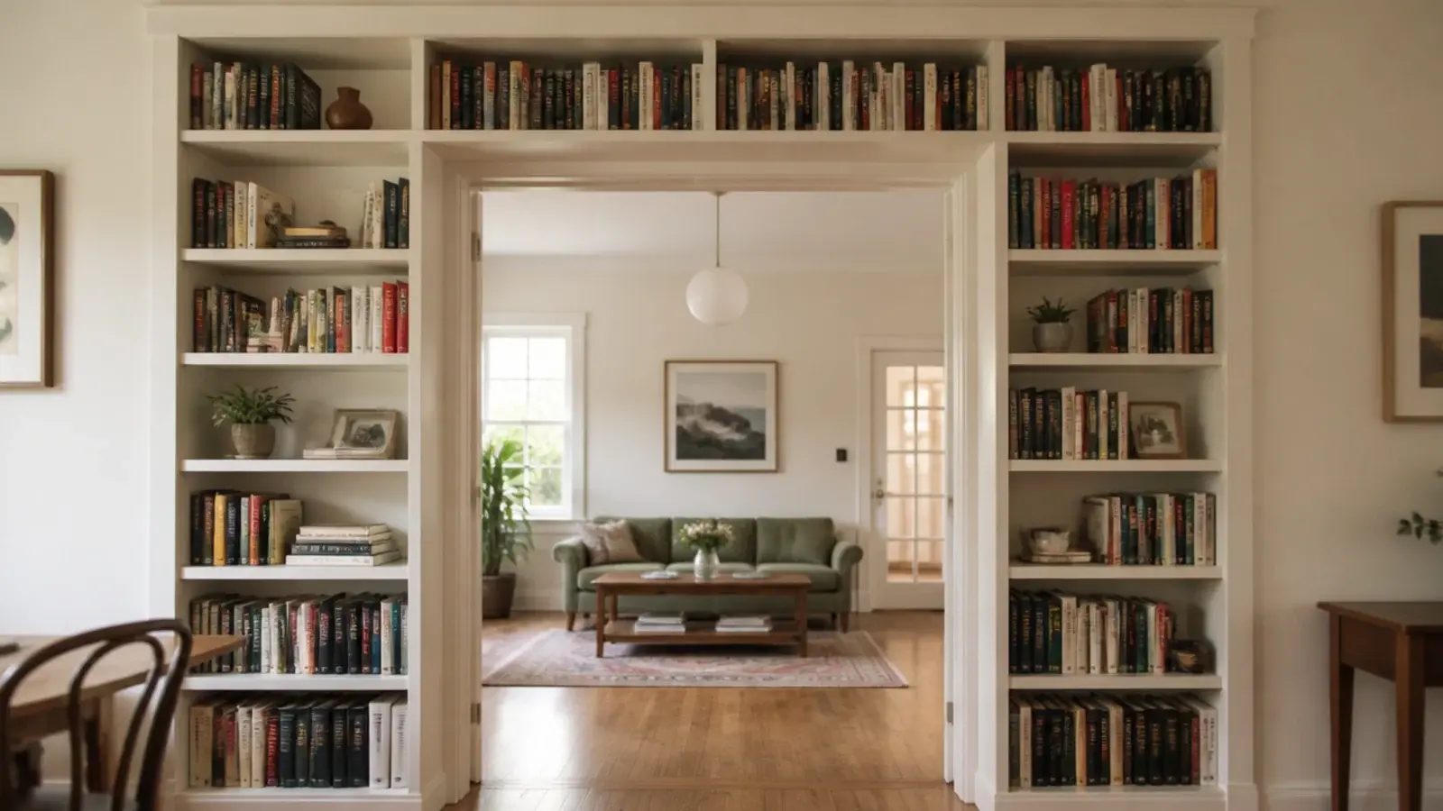 shelving bridging over and around a doorway framing the opening
