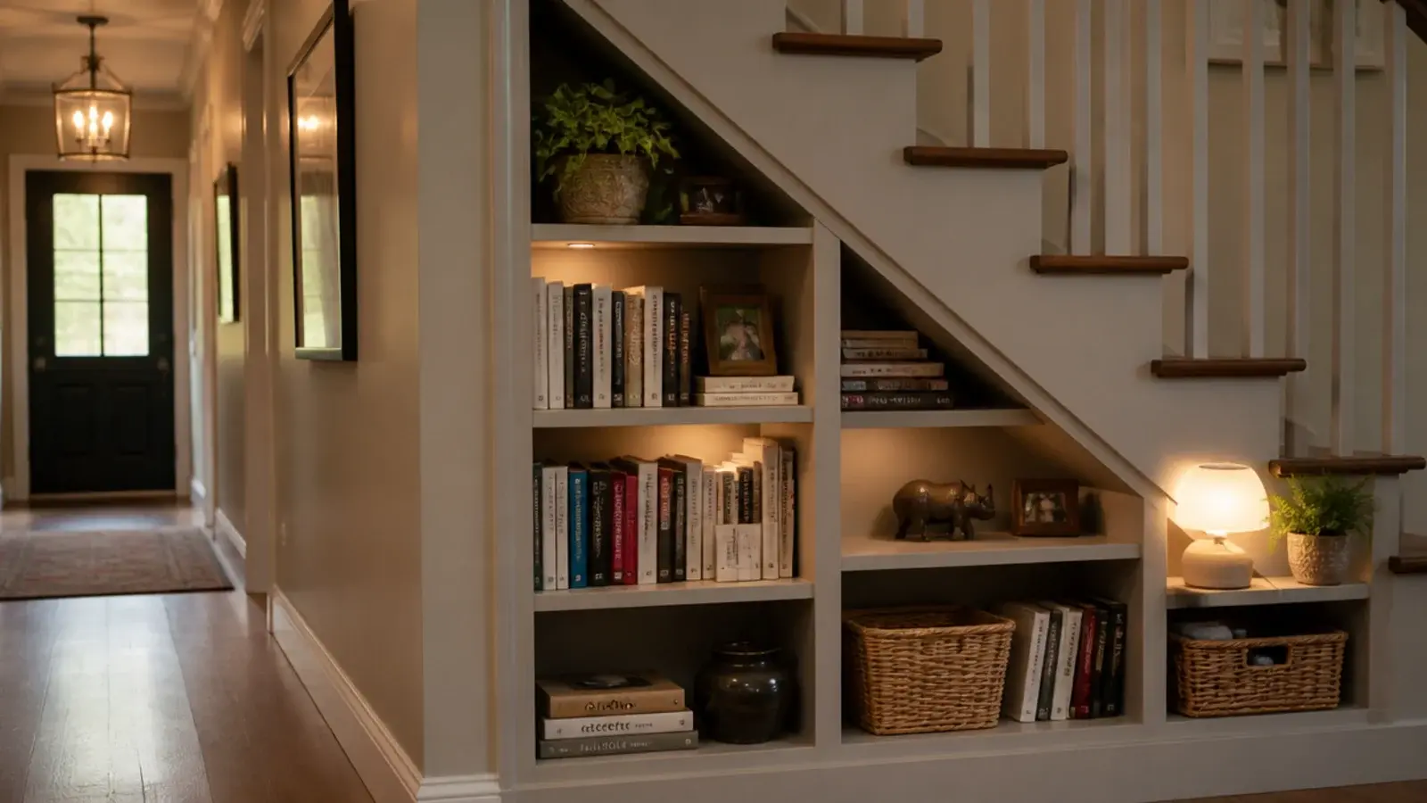 stepped shelving fitted into the triangular void beneath a staircase