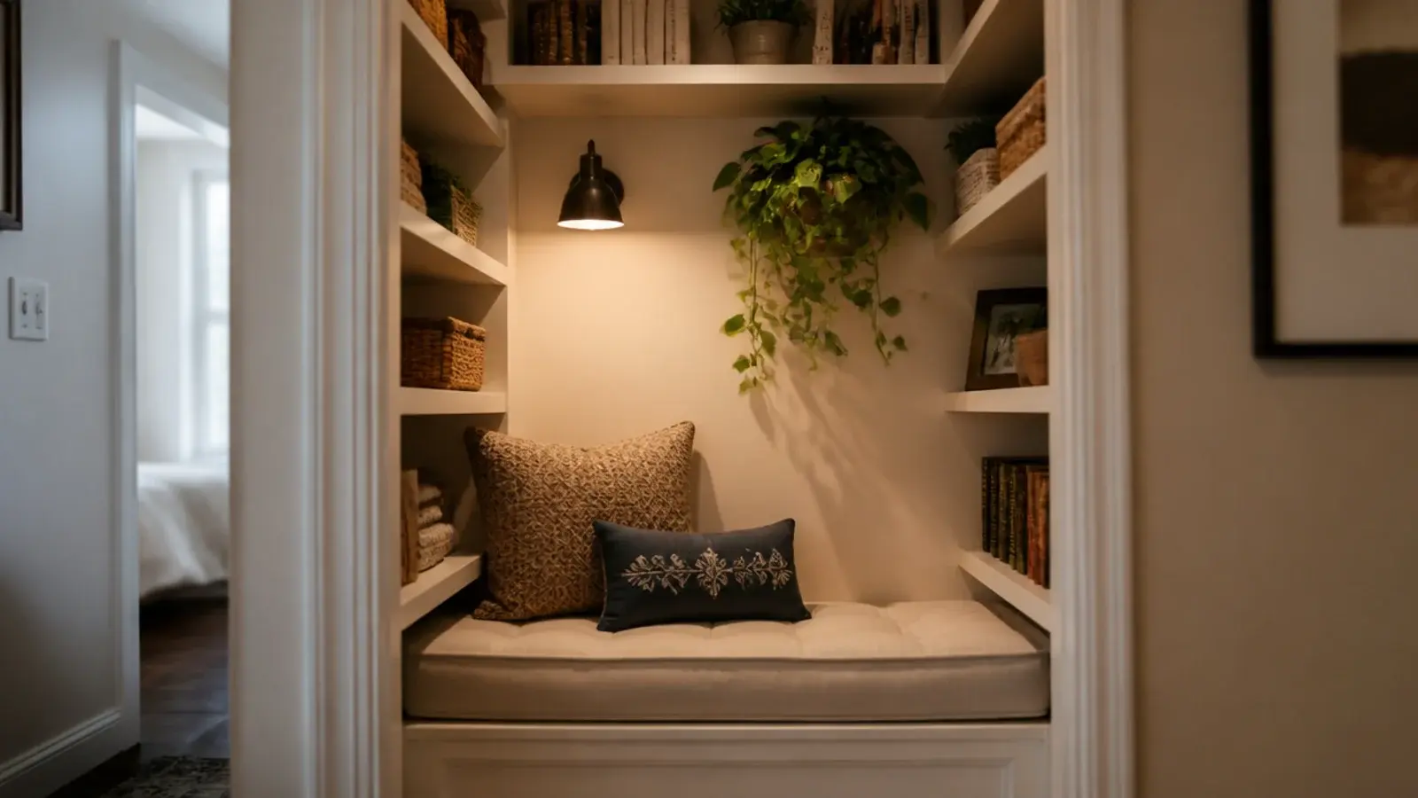 small closet fitted with shelves and a cushion as a book nook