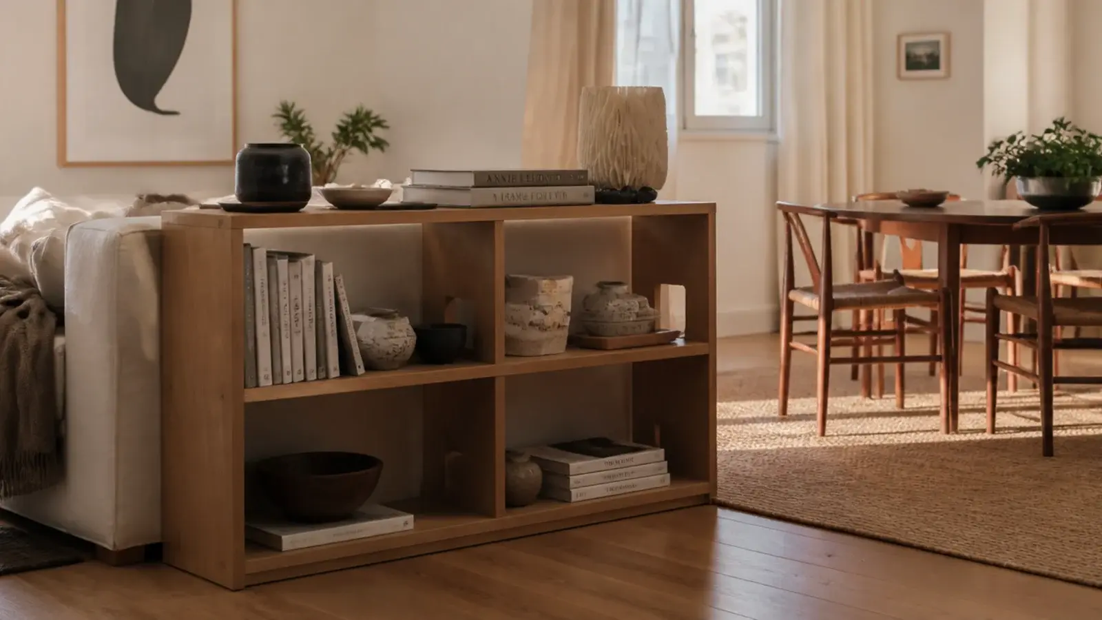 cozy bookshelf in a small living space doubling as a room divider