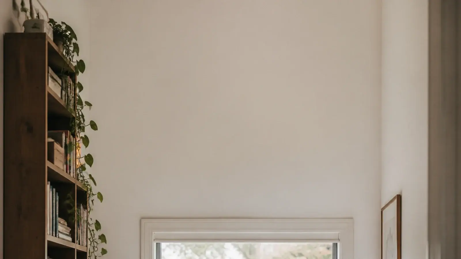 vertical image of a cozy small space bookshelf doubling as seating