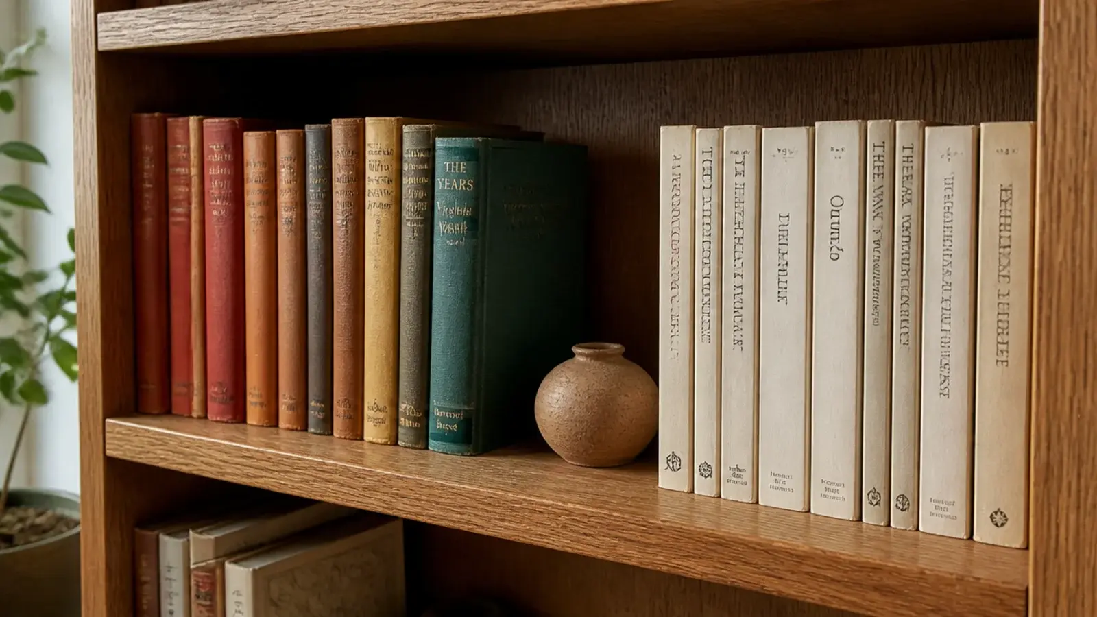 grouped bands of cookbooks and novels within a height sorted shelf