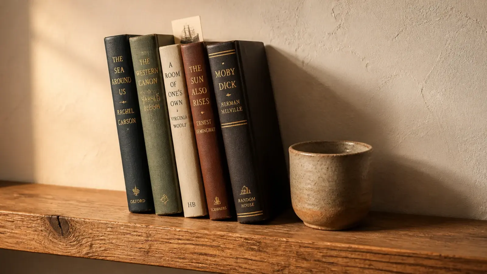 small stack of unread books placed on the eye level shelf