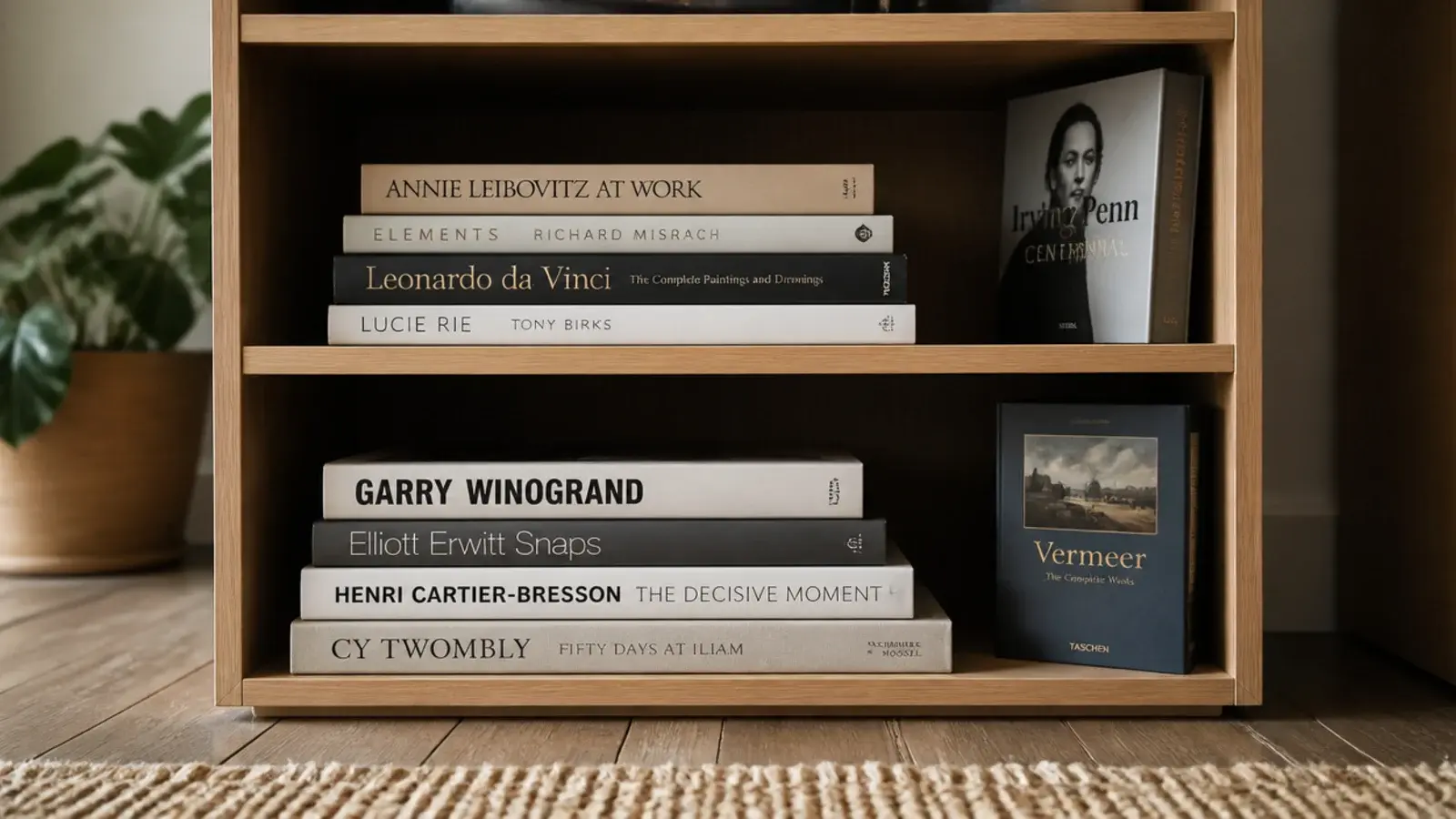 large format art books stacked flat on the lowest bookcase shelf