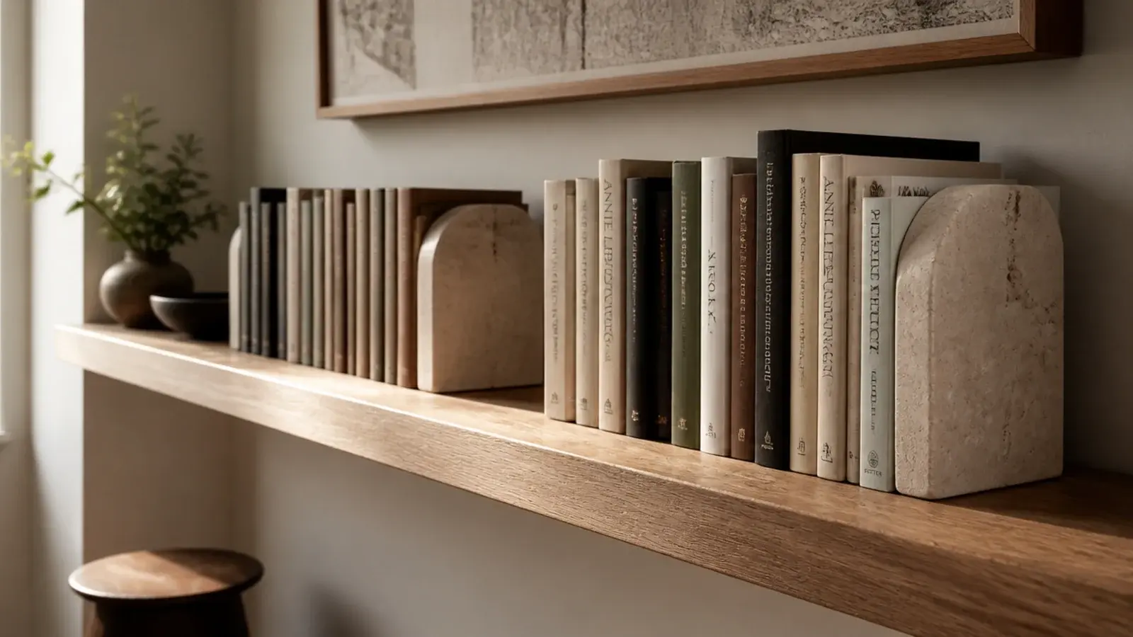 heavy stone bookends spaced along a long shelf holding rows upright