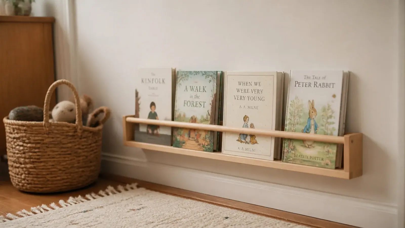 picture books displayed cover out on a low rail shelf for children