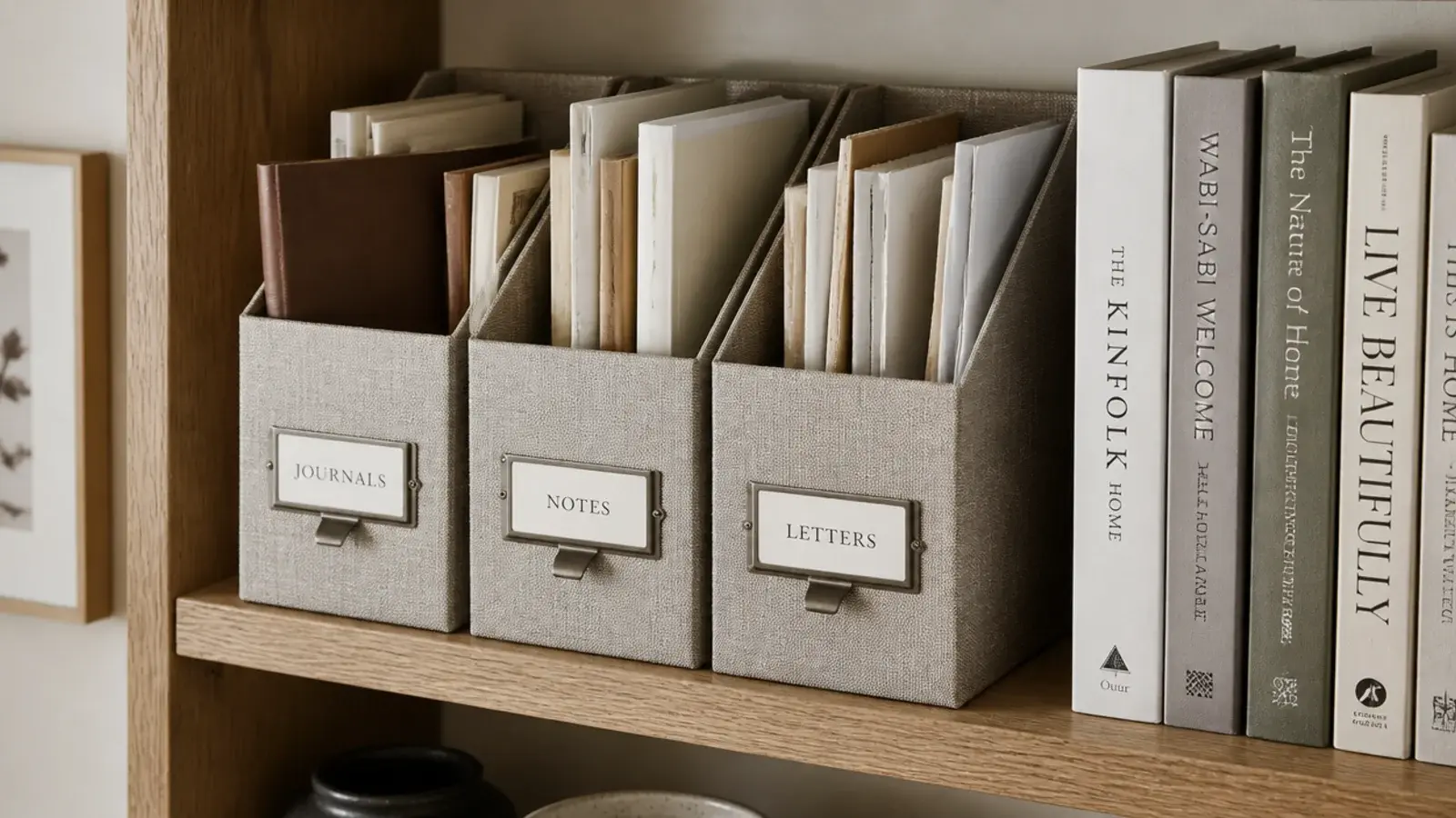 three fabric magazine files holding journals on a bookcase shelf
