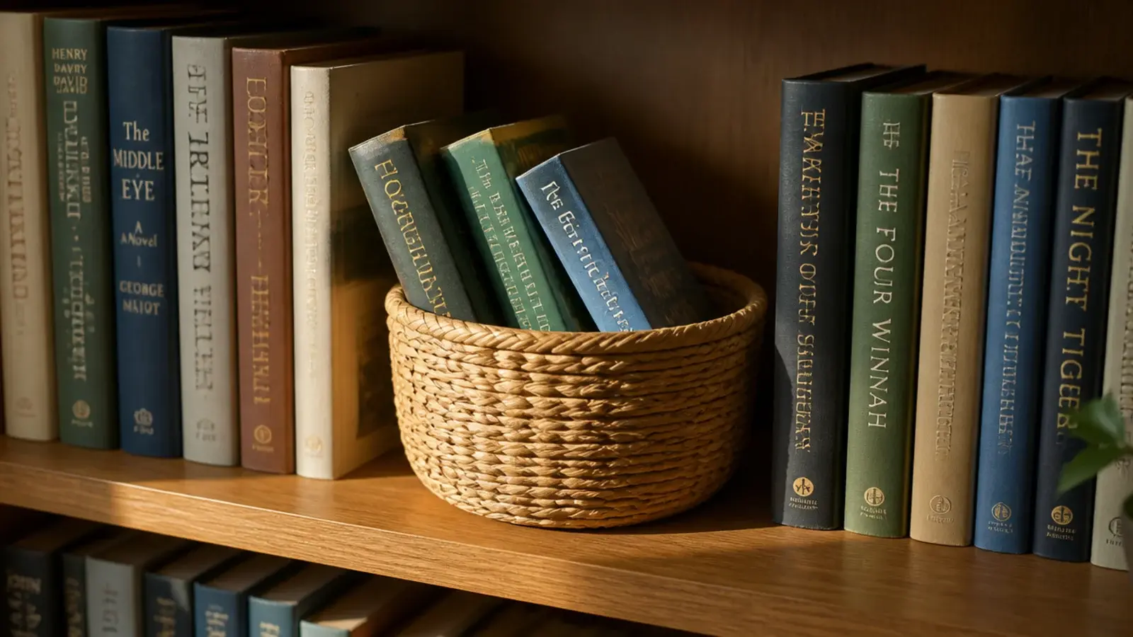 small woven basket on a shelf collecting books waiting to be reshelved