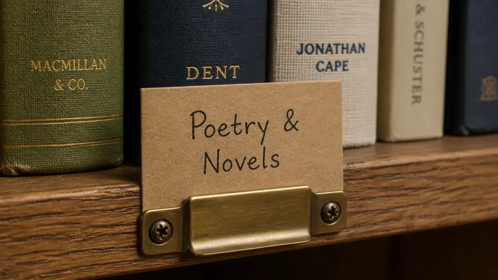 small paper label clipped to the front edge of a bookcase shelf