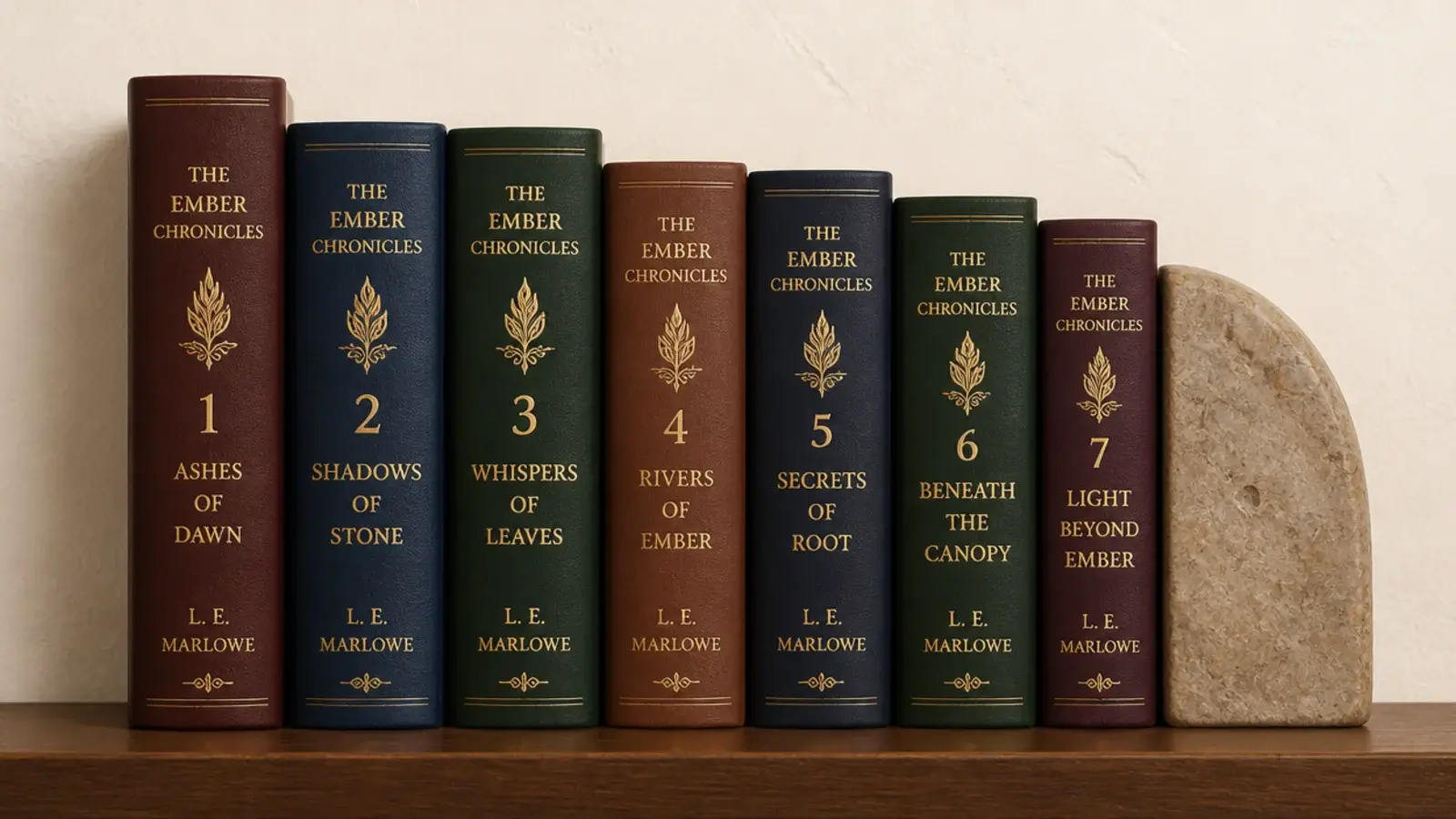 matched series of novels kept together in order on one shelf