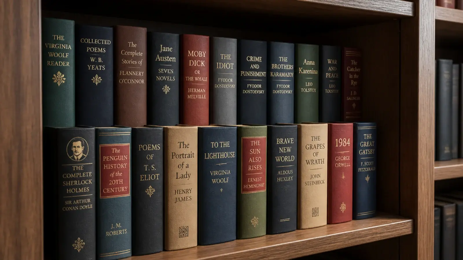 back row of books raised on a narrow riser so spines stay visible