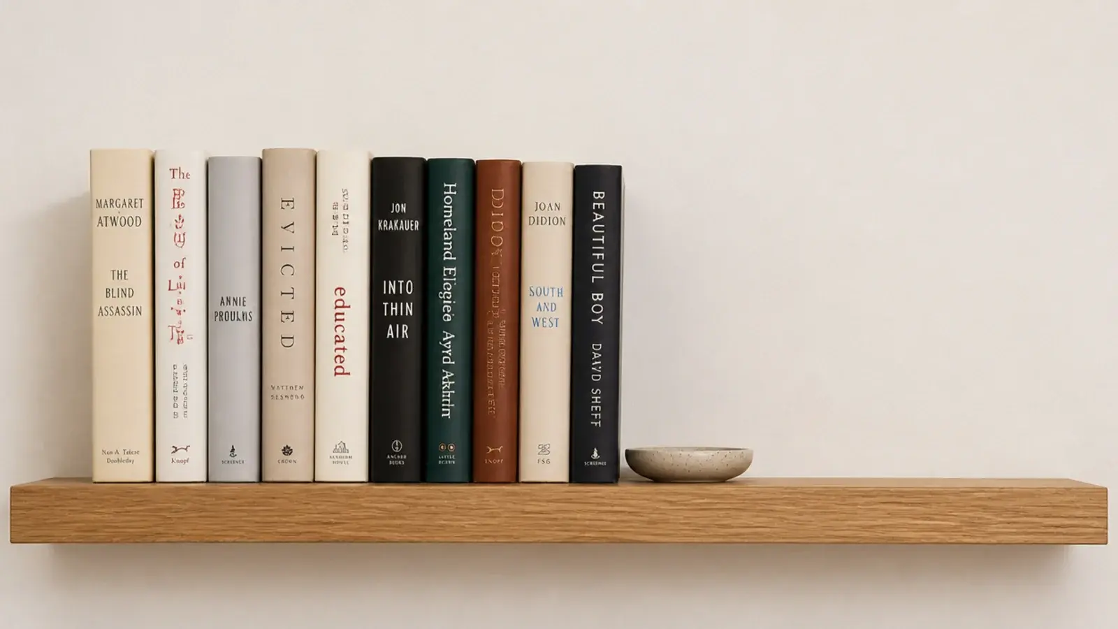organized shelf with books at one end and a genuine clear gap