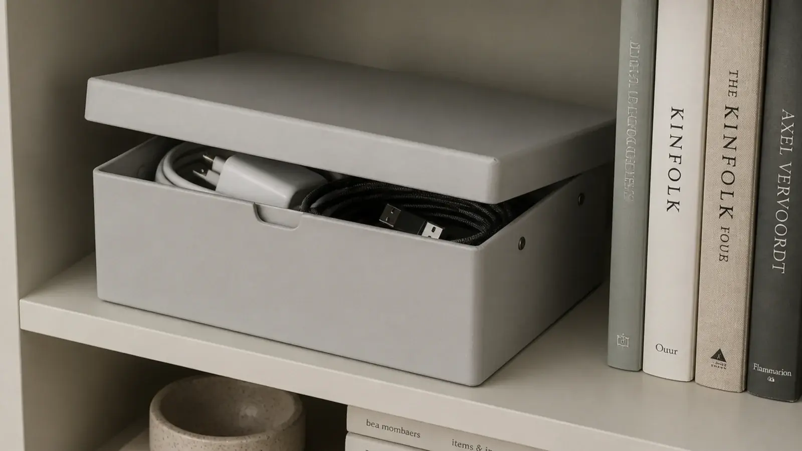 pale lidded box on a bookshelf holding chargers and loose cables