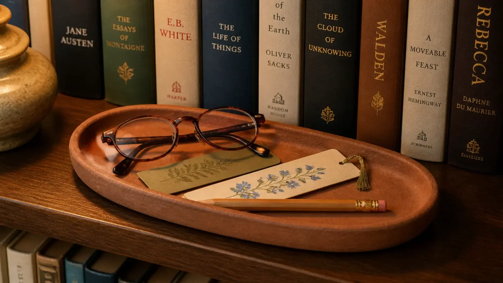 shallow clay tray holding reading glasses bookmarks and a pen