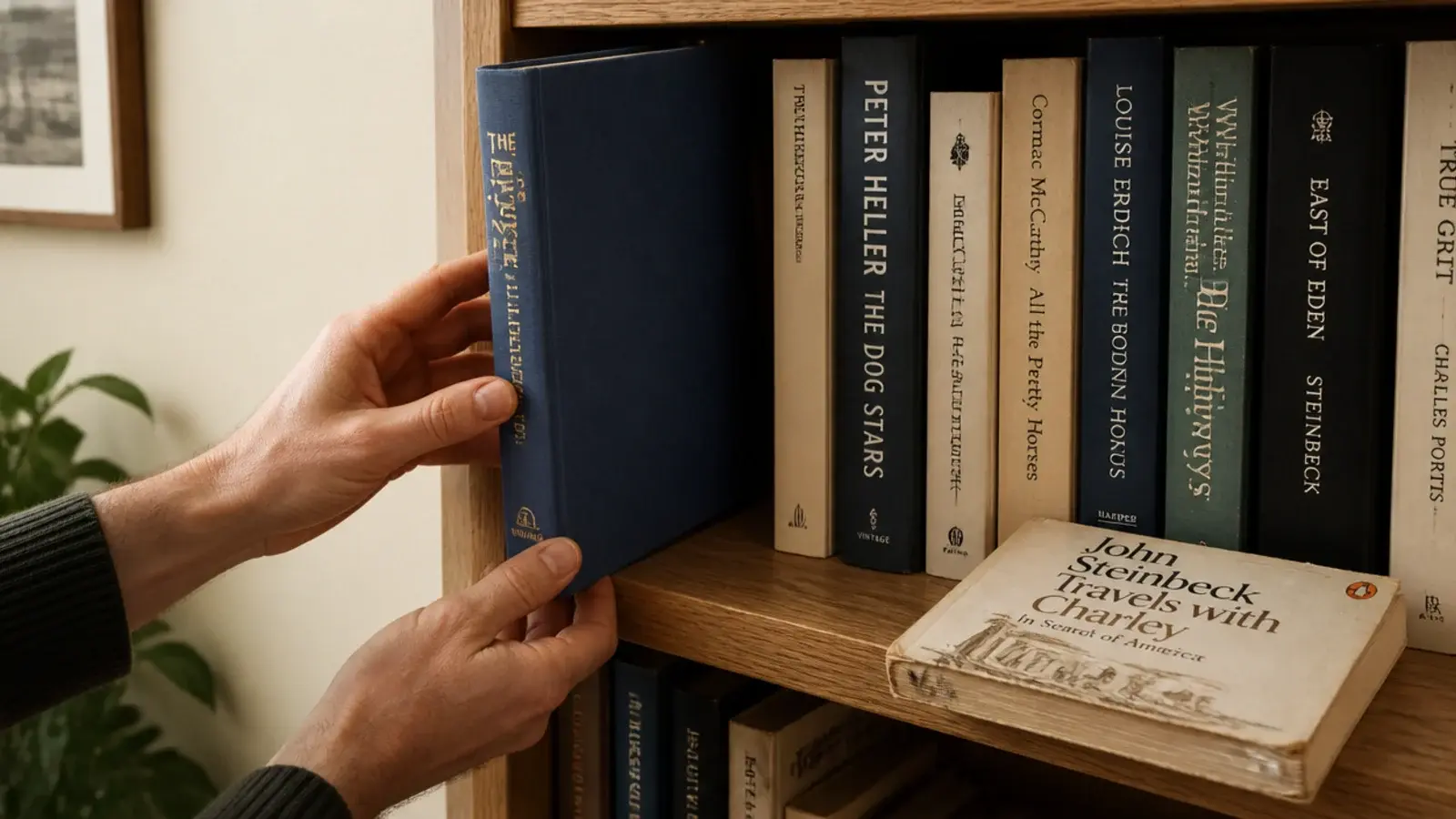 one new book placed on a shelf as another is lifted away