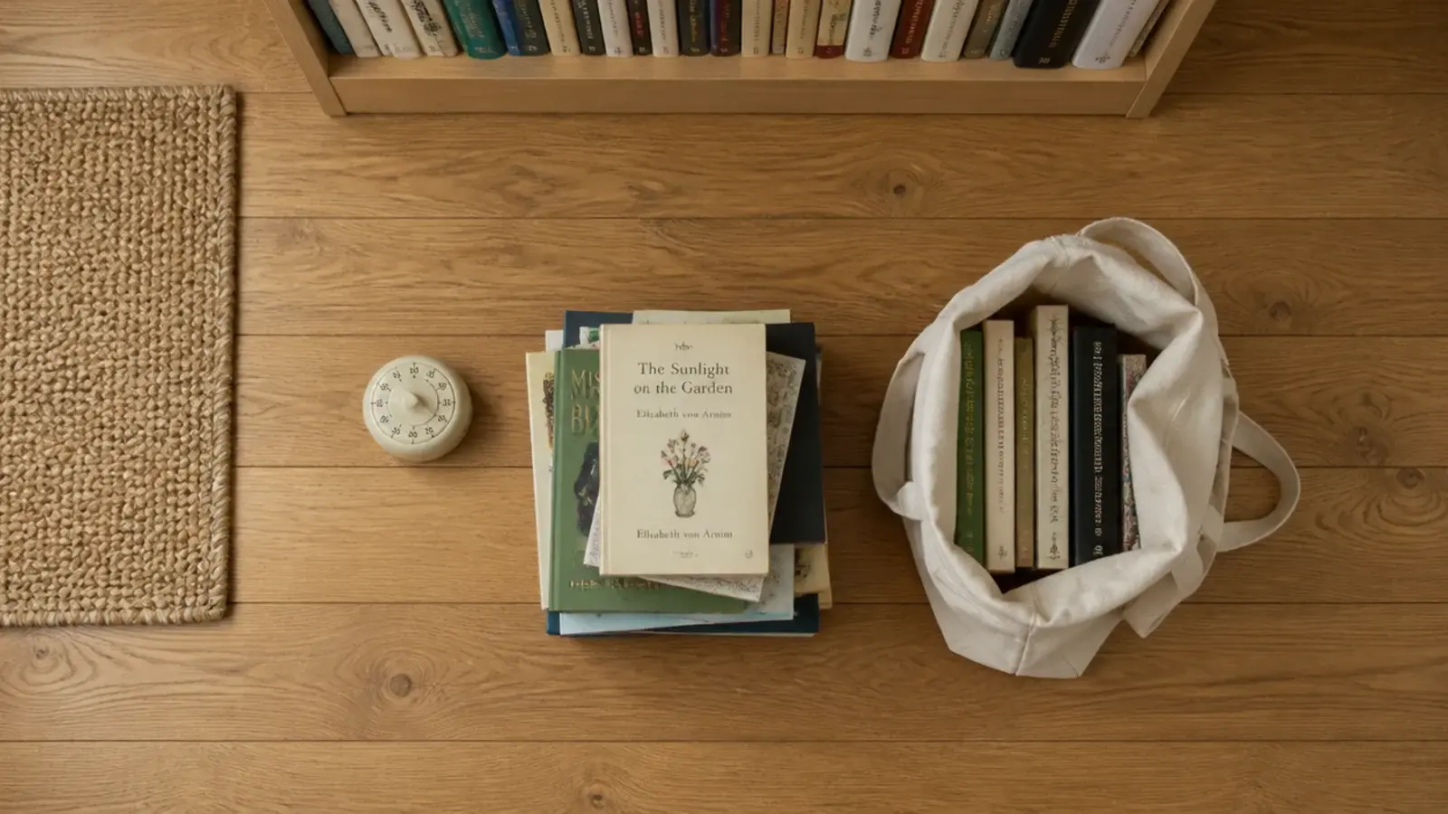 timer beside a small pile of culled books on a wooden floor
