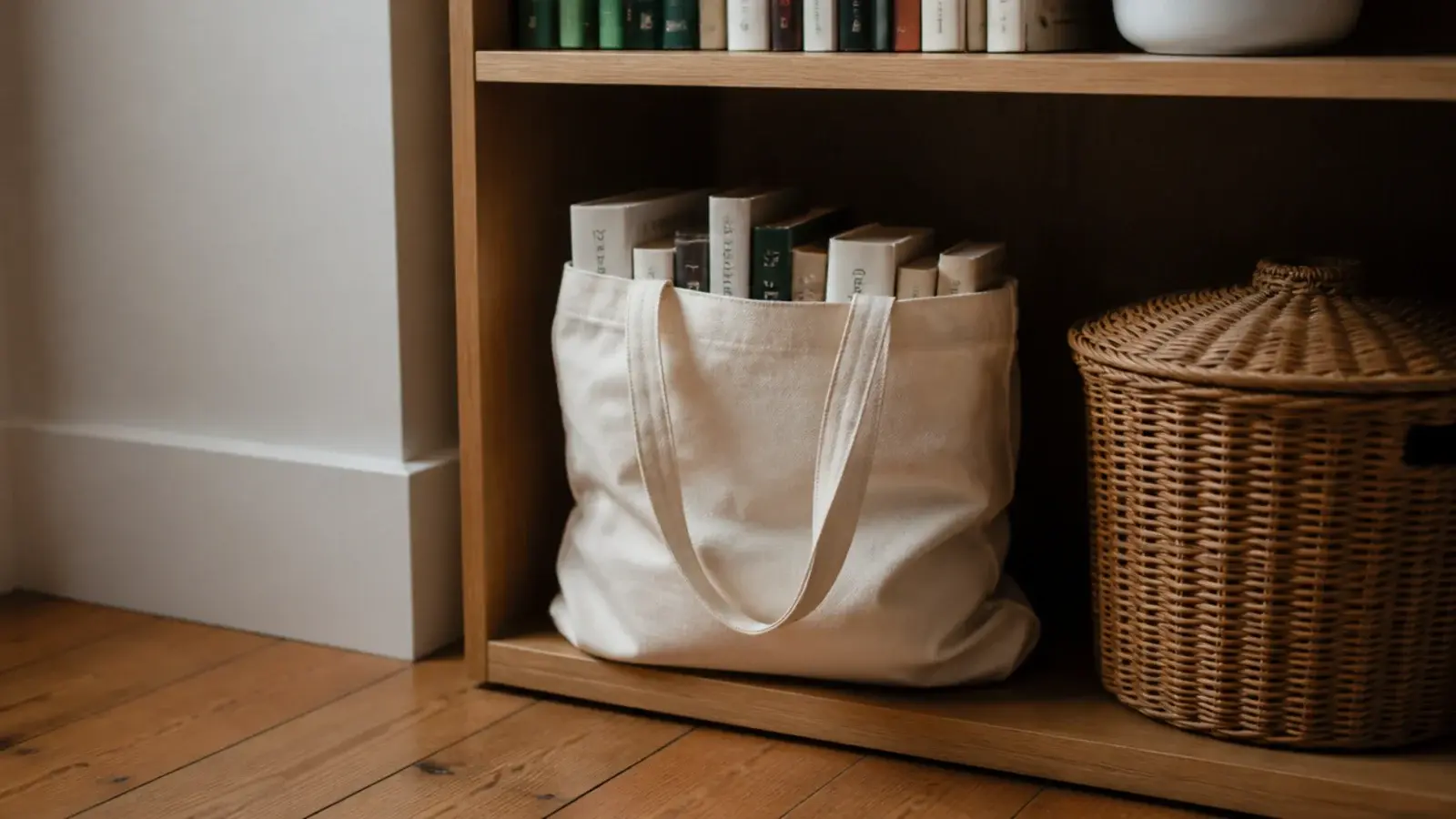canvas tote bag of donated books tucked on the lowest shelf