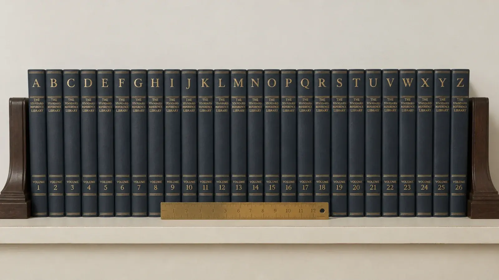 row of reference books arranged alphabetically between two bookends