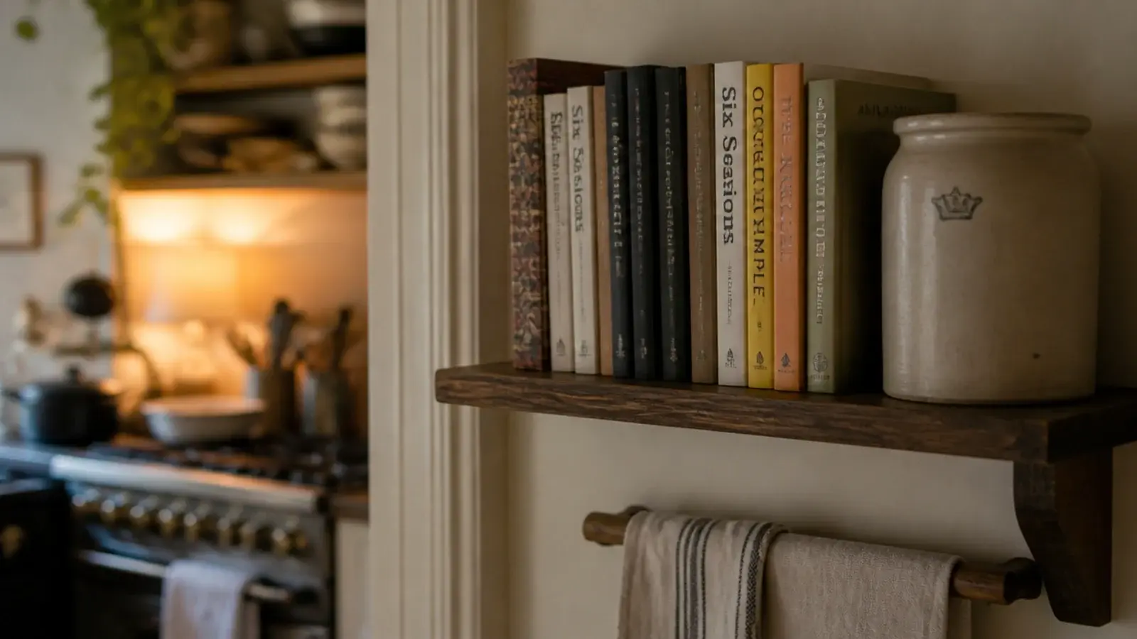 cookbook shelf beside a kitchen doorway with a stoneware crock end