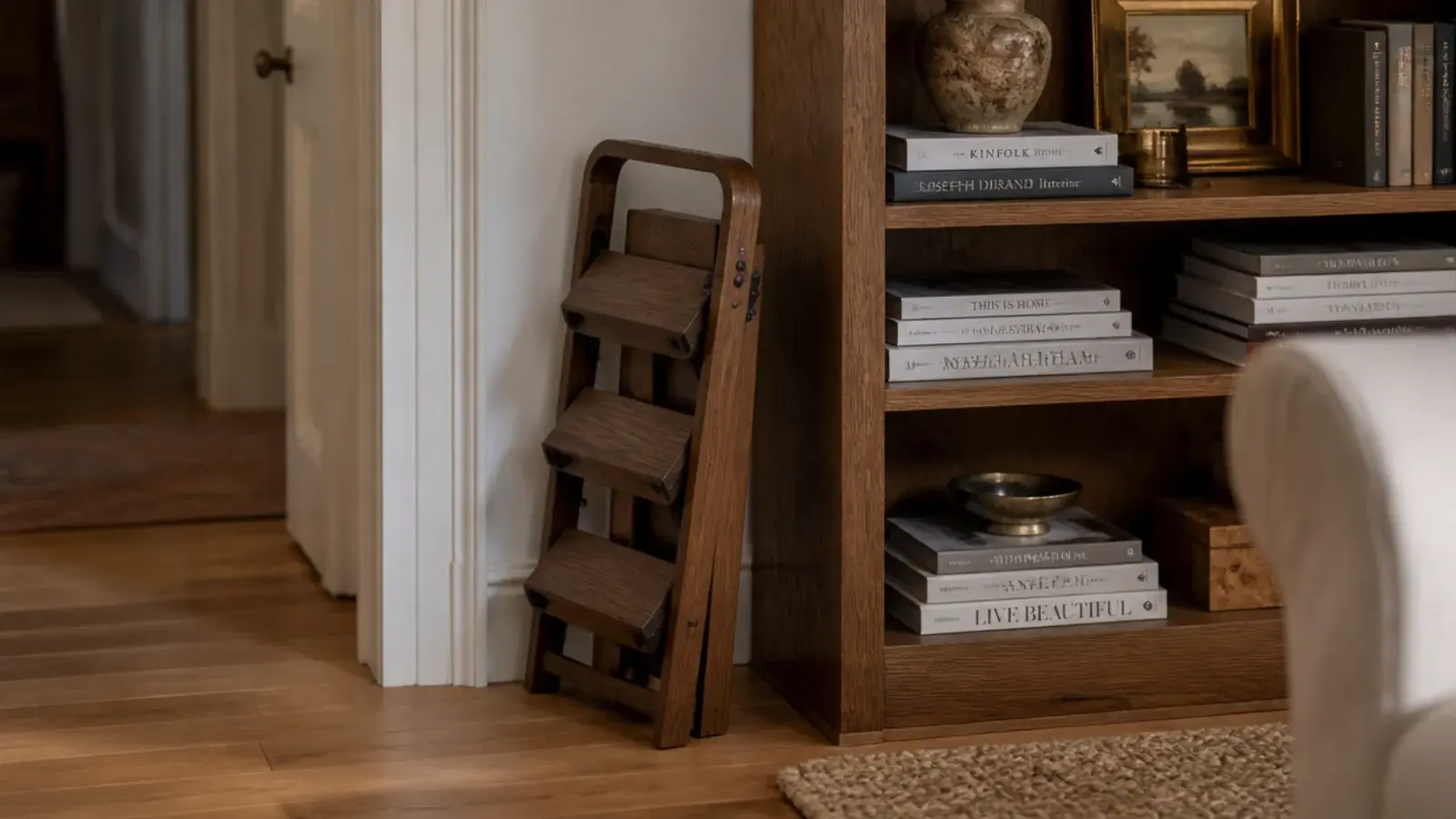 small wooden step stool tucked beside a tall loaded bookcase