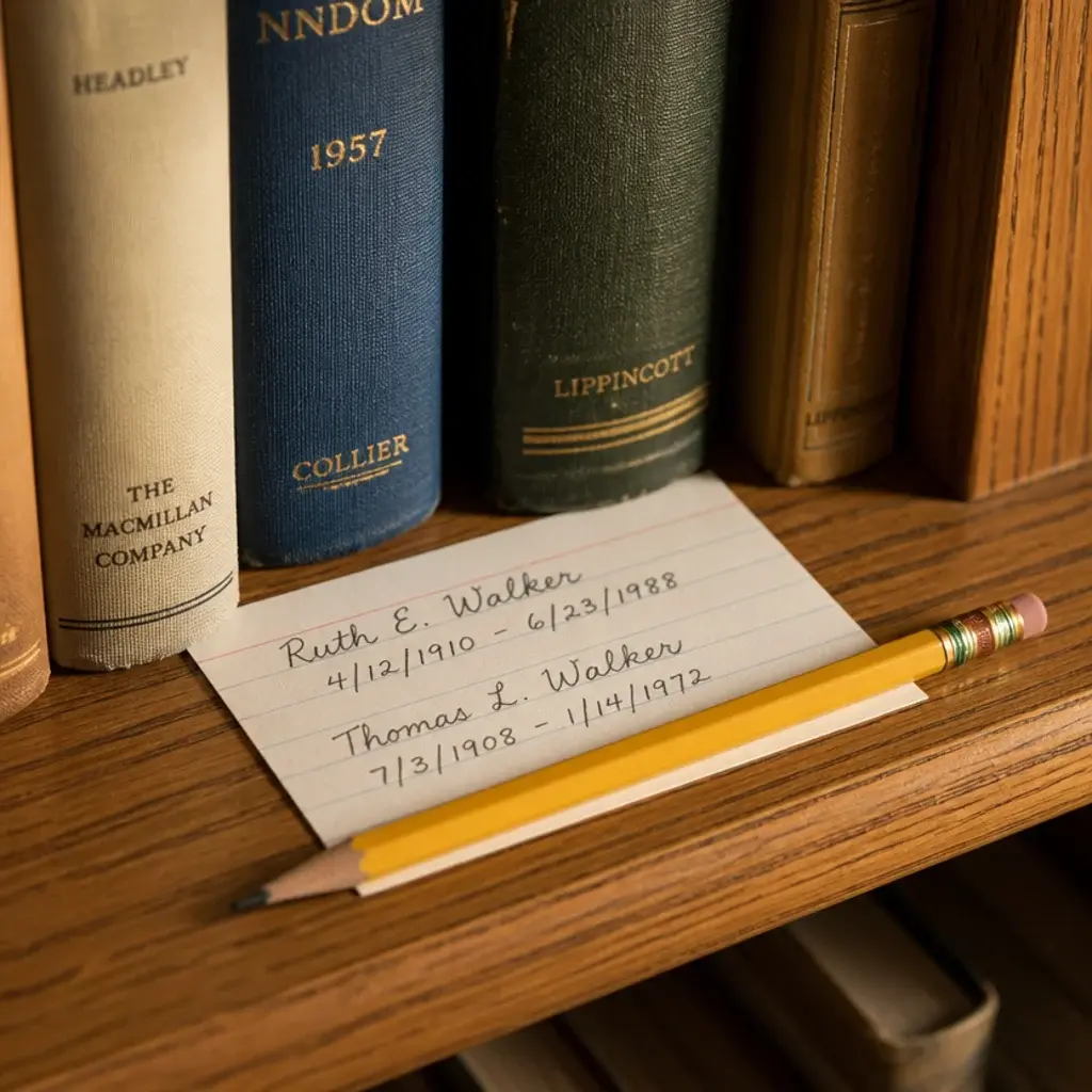 handwritten lending card tucked into the edge of a bookshelf