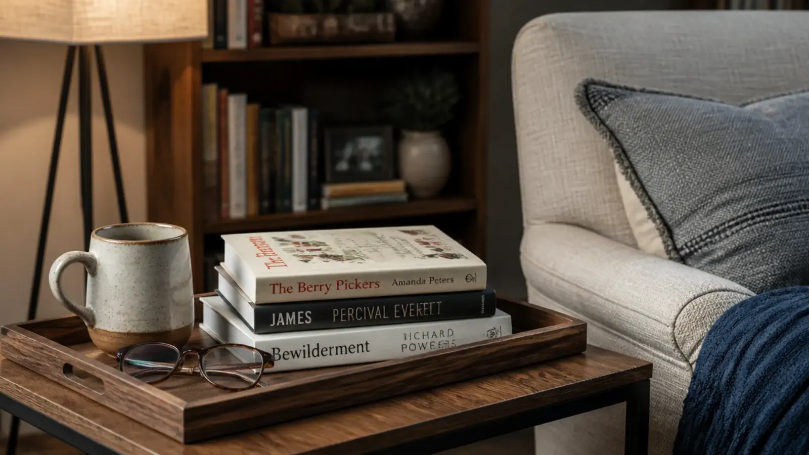 wooden tray of current reads on a side table beside an armchair