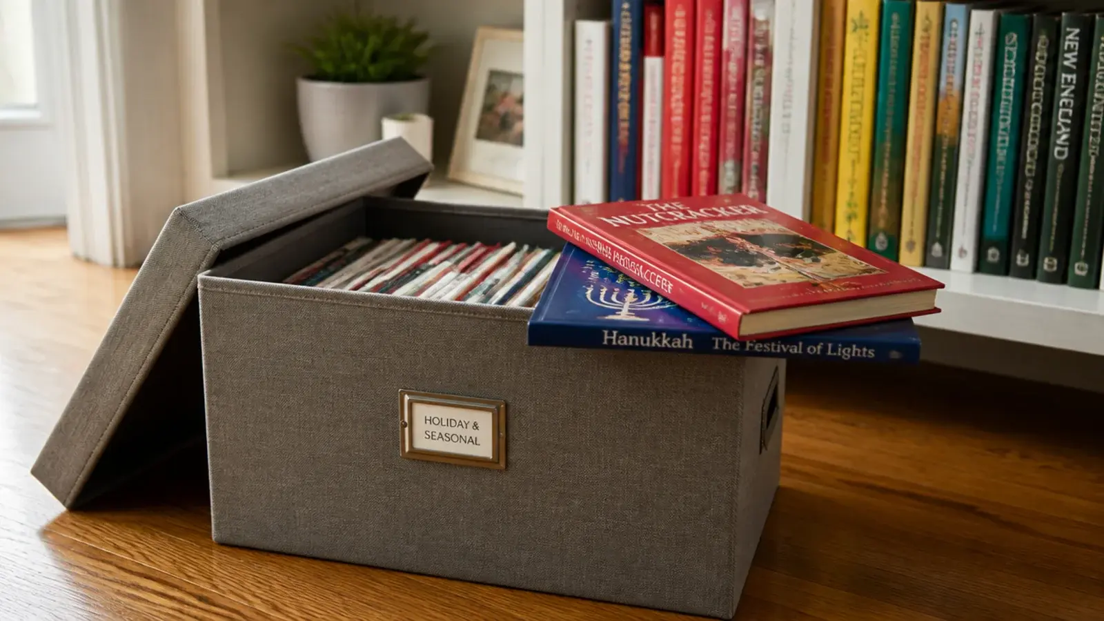 lidded box of seasonal books being swapped onto a shelf