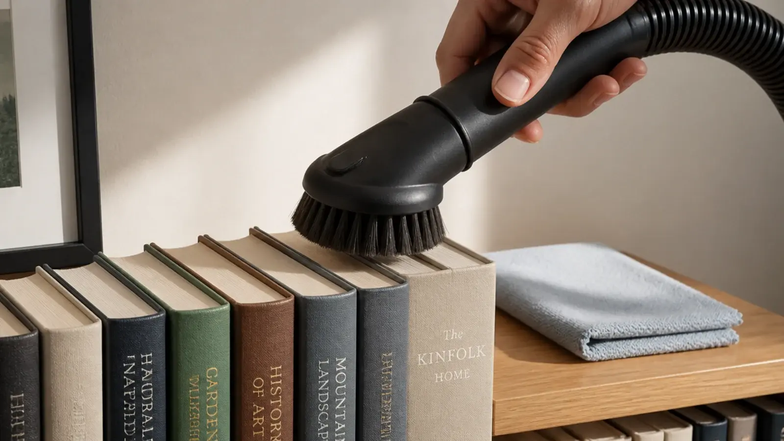 soft brush attachment cleaning dust from the top edges of books