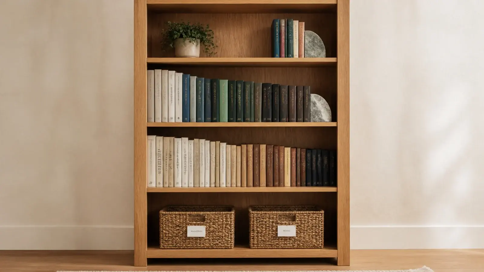 bookshelf organization with books sorted by height and labelled basket storage