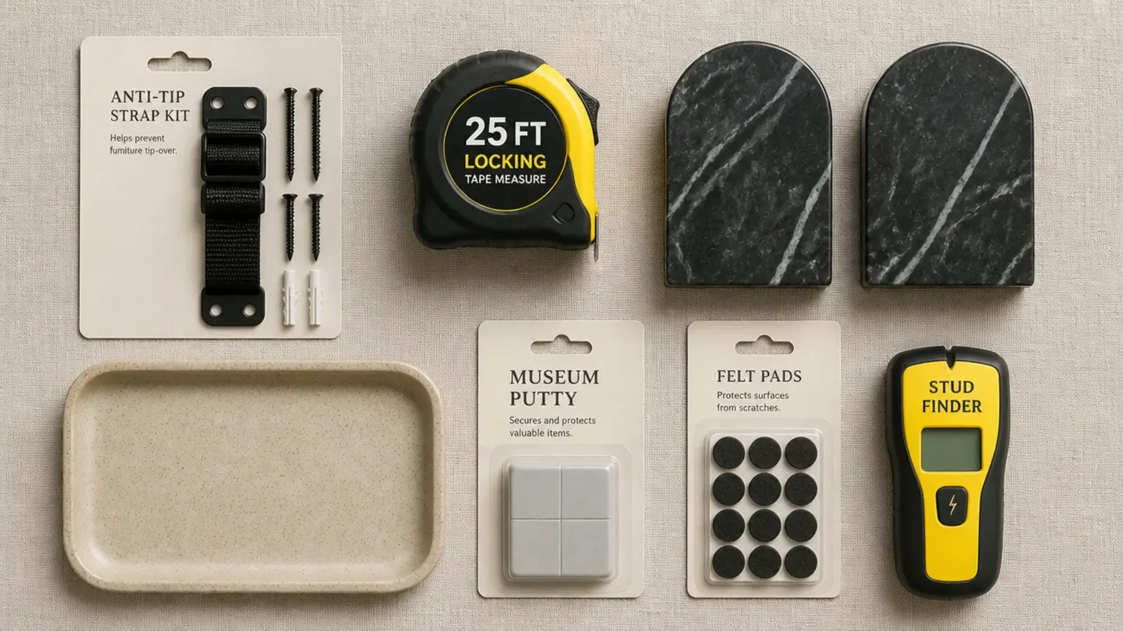 flat lay of anti-tip strap bookends tray and tape measure on linen