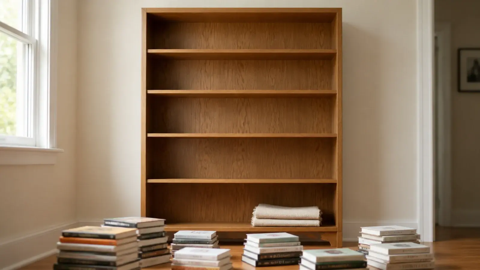 empty wooden bookcase beside books stacked in piles on the floor