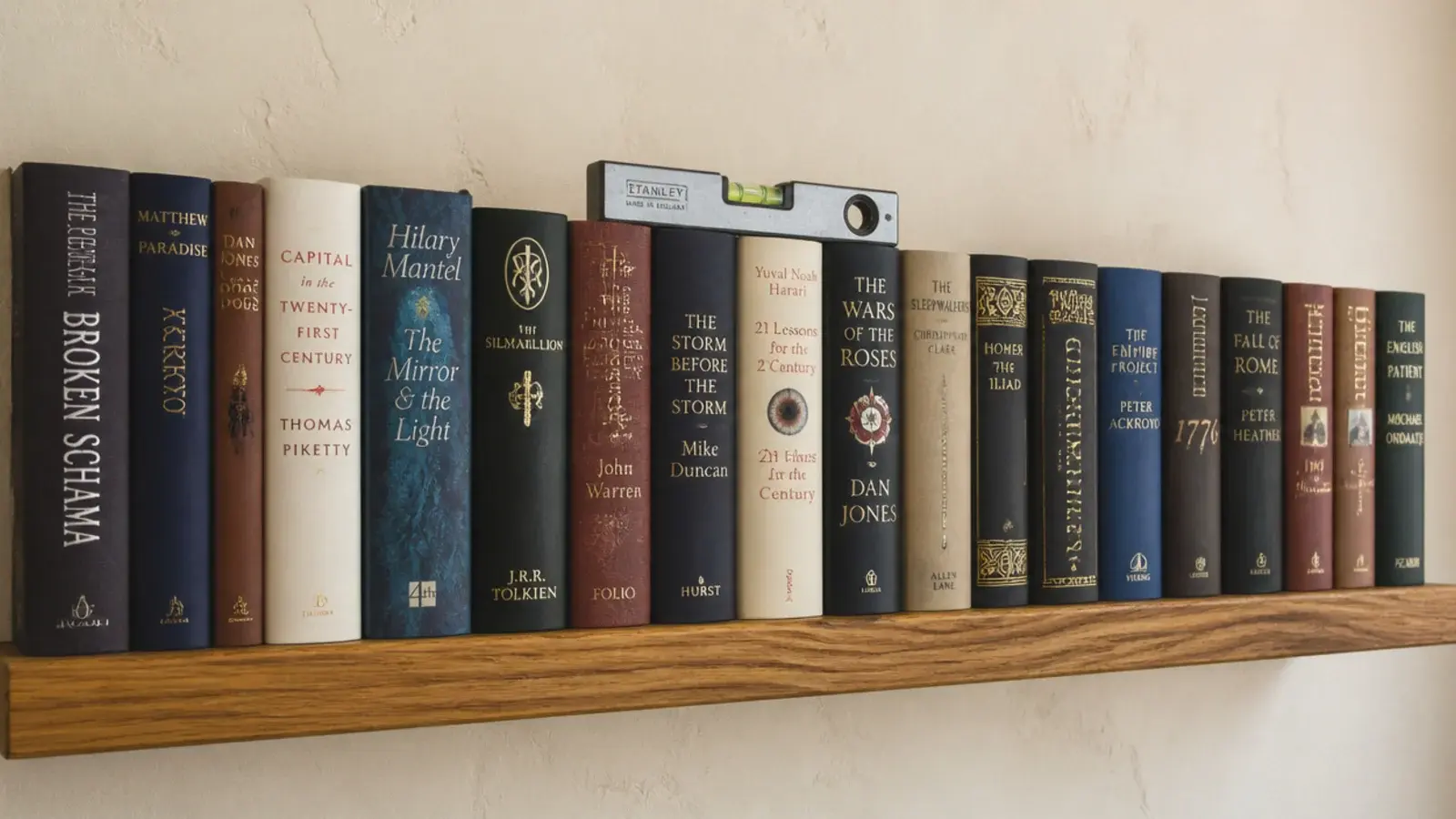 single shelf holding a dense run of hardbacks showing a slight center dip