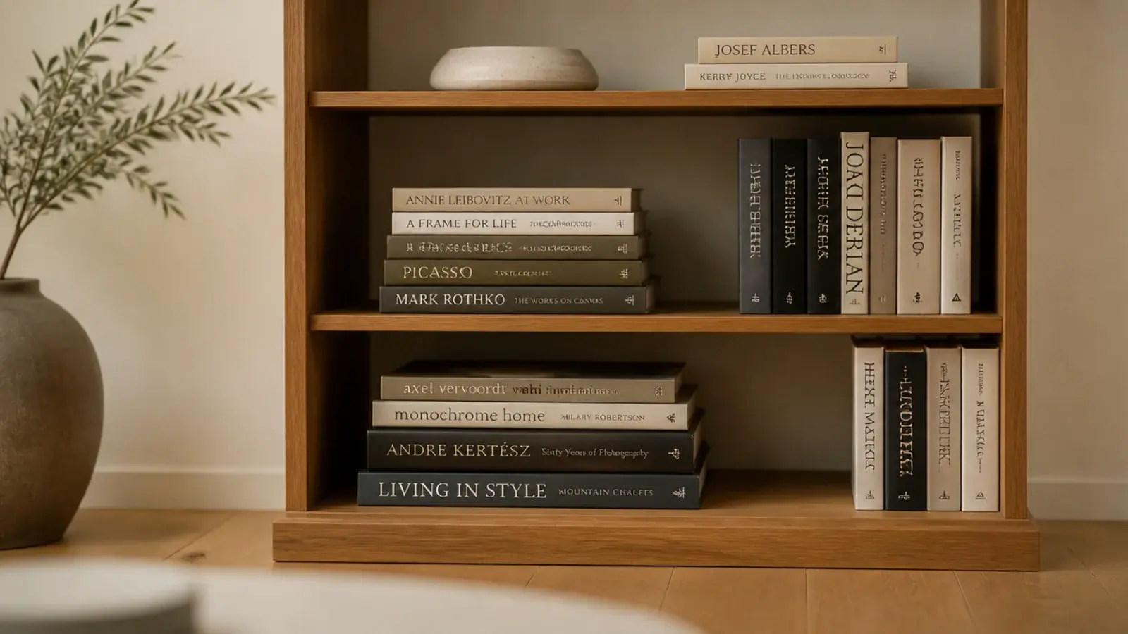 heavy art books loaded flat on the lowest shelves of a bookcase