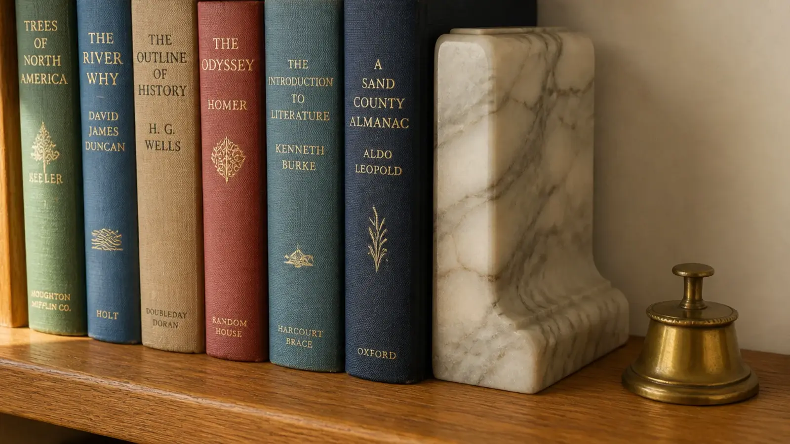 upright row of books ended by a heavy marble bookend on a shelf