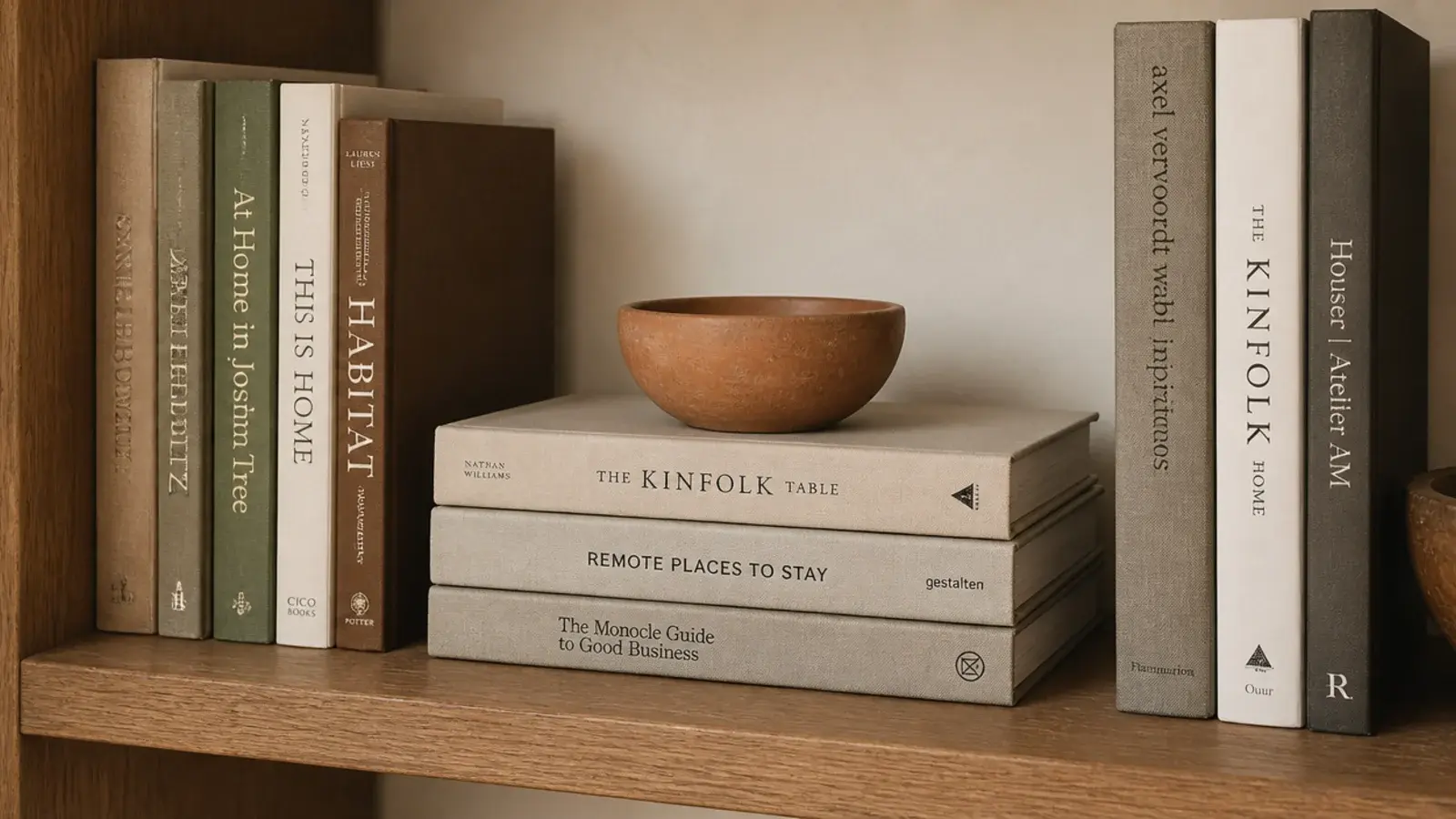flat stack of three books breaking a run of upright spines