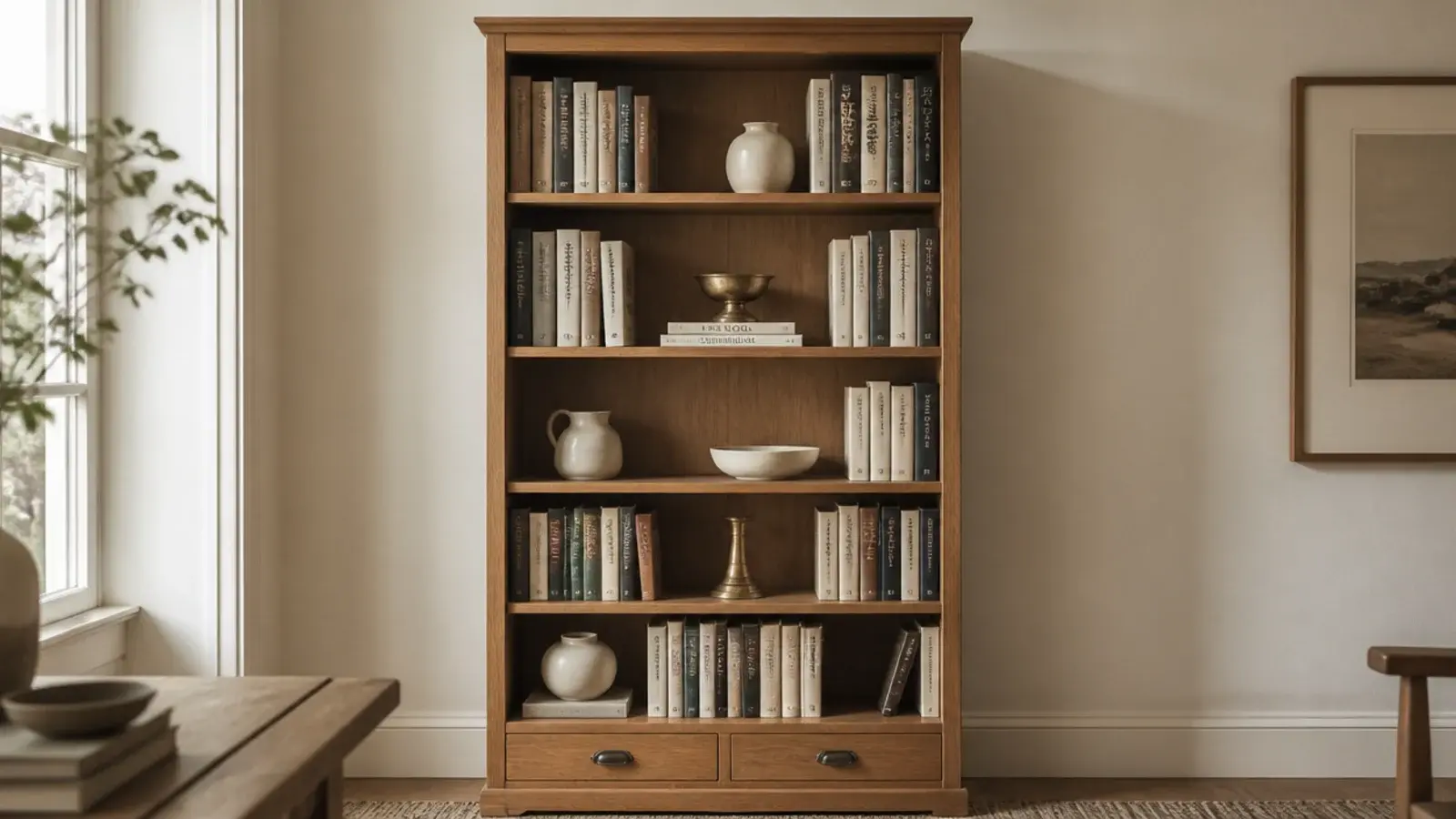 three brass objects repeated at spaced points up a styled bookshelf