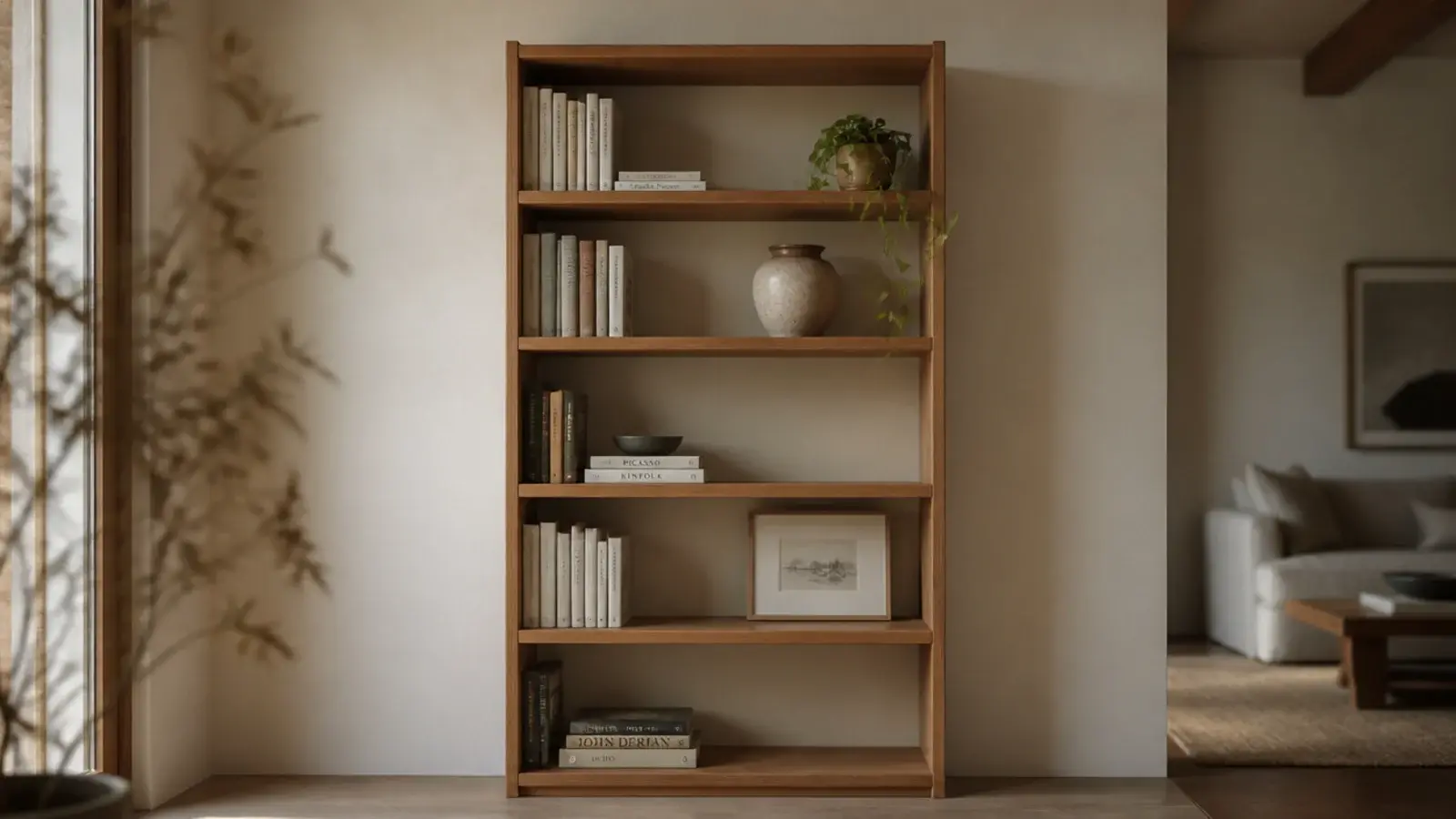bookshelf styling with height sorted books and generous clear empty space