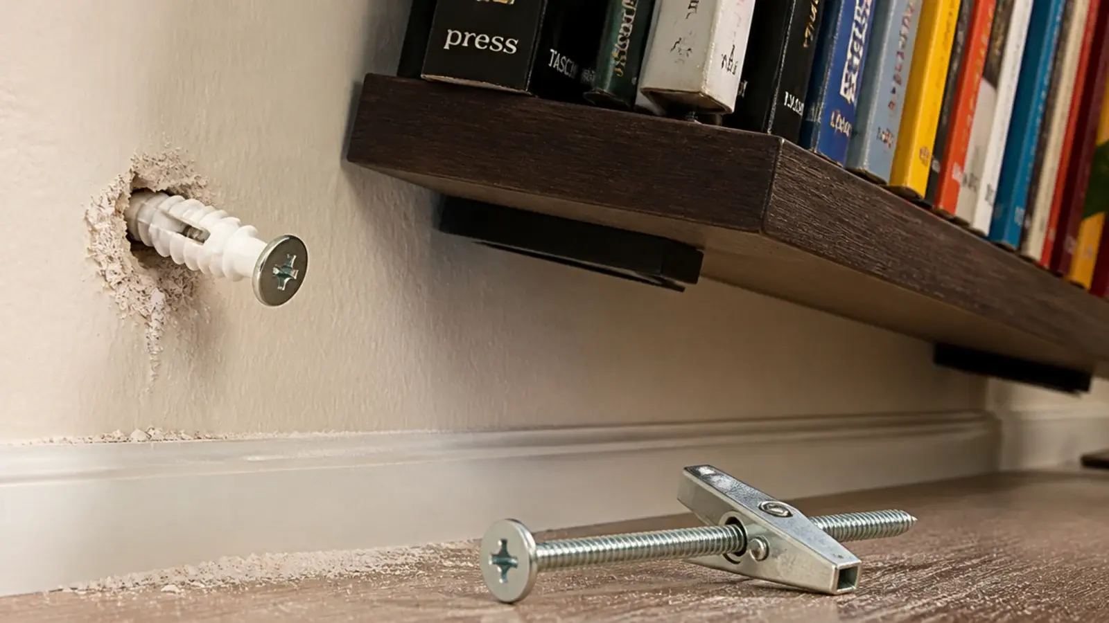plastic wall plug pulled loose from drywall beneath a loaded book shelf
