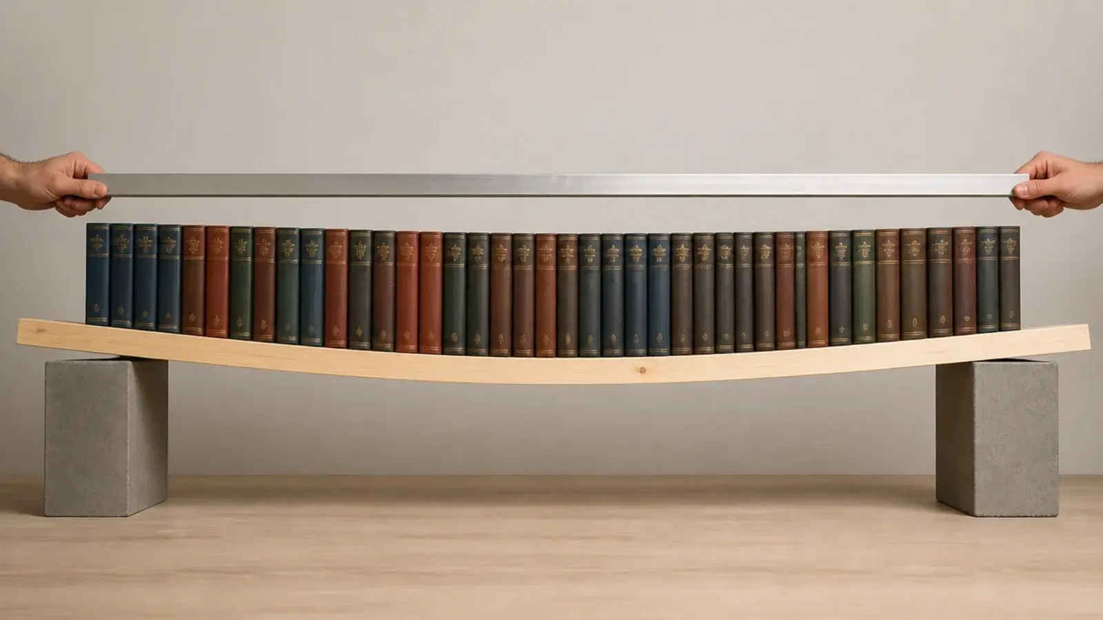 visibly bowed pine shelf sagging in the middle under a row of hardbacks