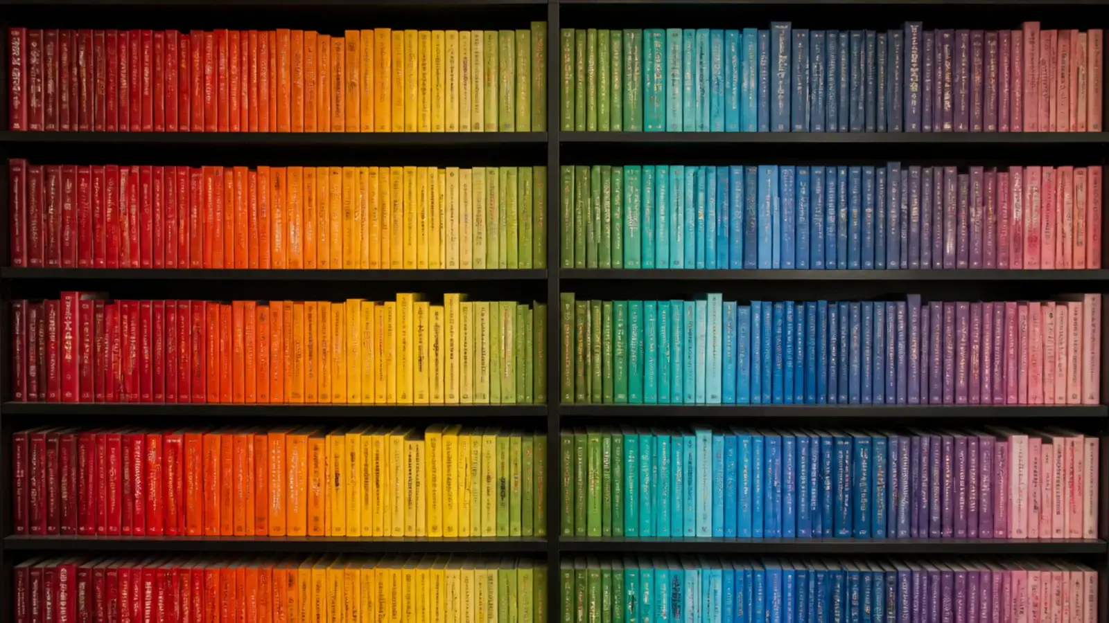 color sorted book spines arranged in a flat rainbow across a bookcase