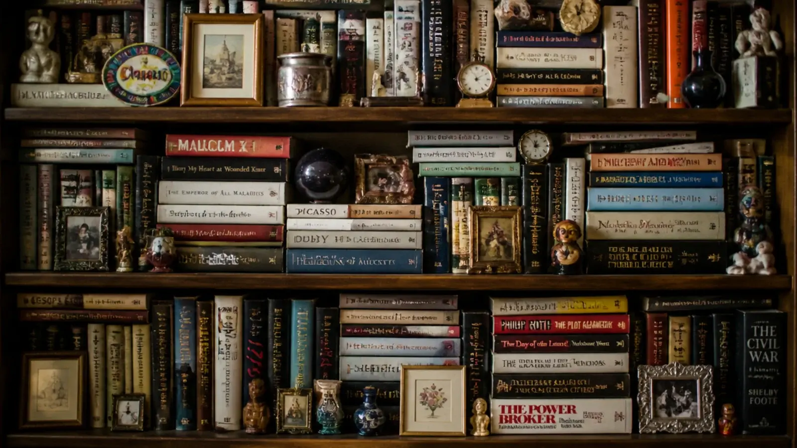 bookcase packed edge to edge with books frames and small objects
