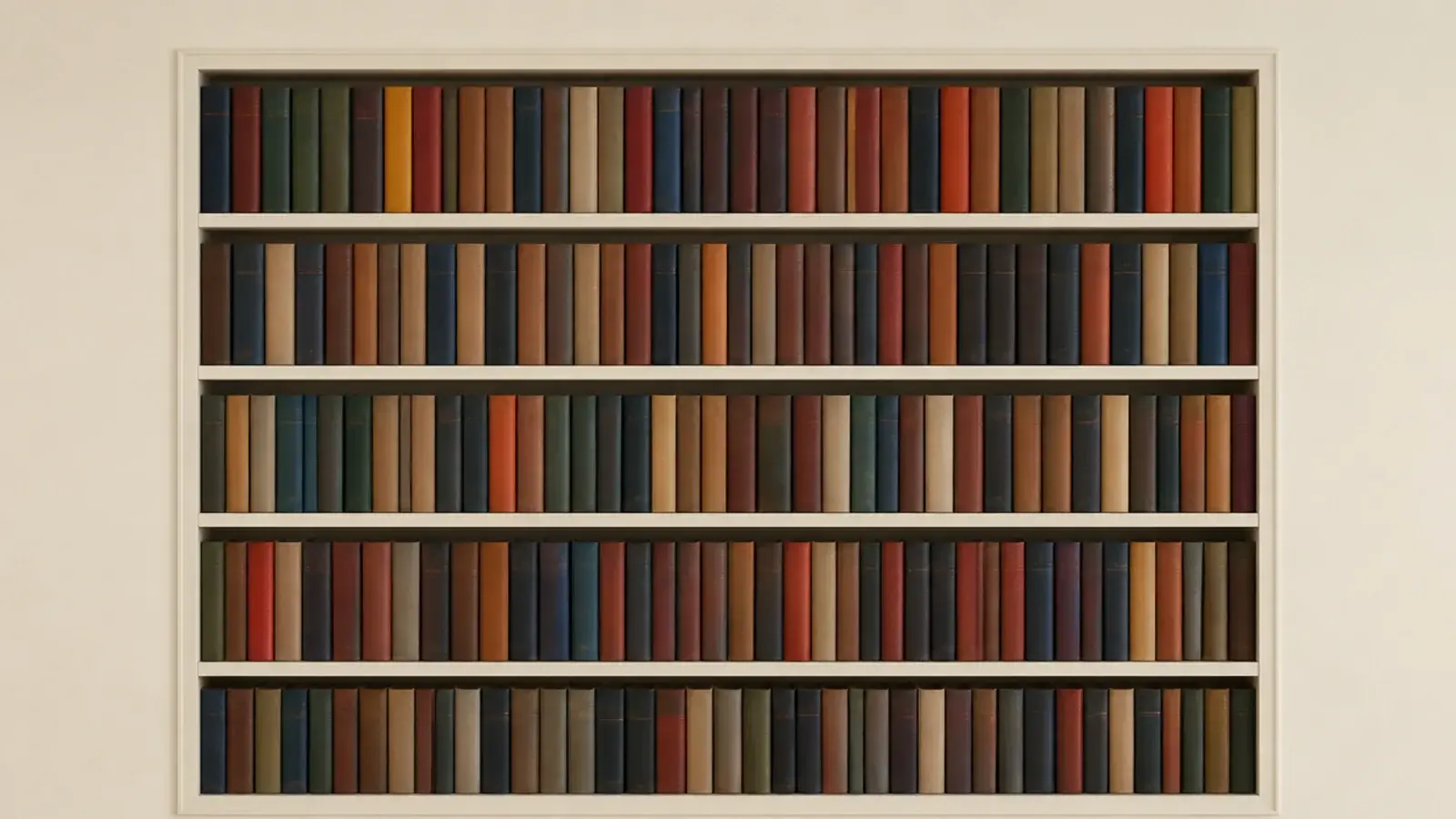 unbroken palisade of upright book spines across every shelf of a case