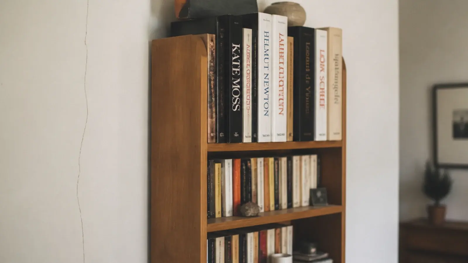 heavy art books stacked on the highest shelf of a tall bookcase