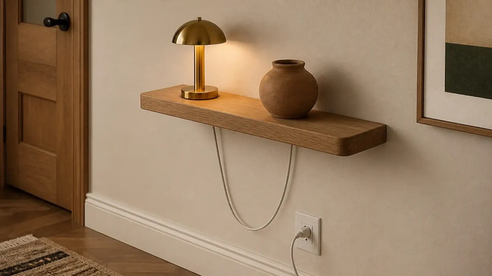 white lamp cable dangling down the wall from a carefully styled bookshelf