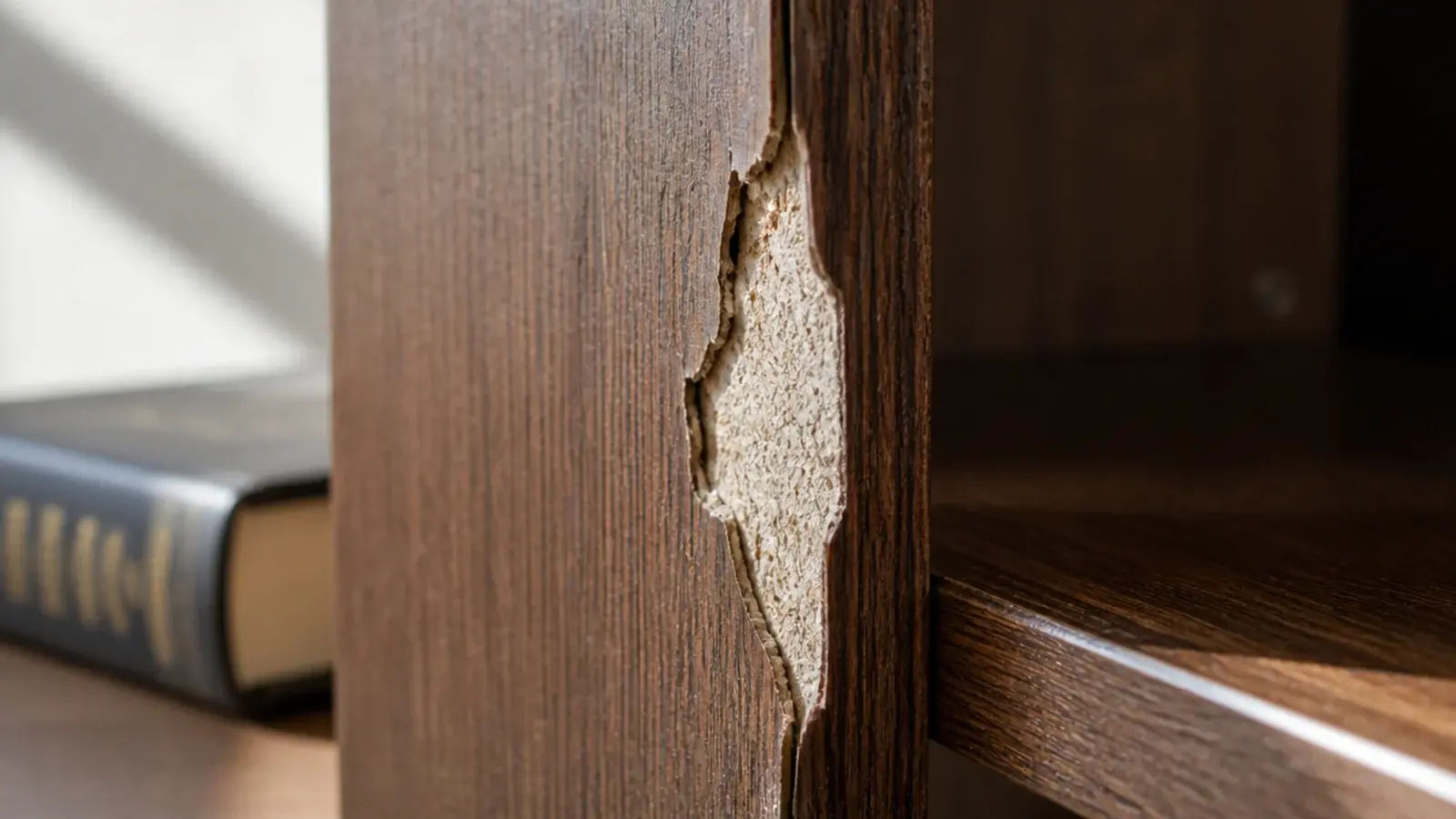 chipped veneer edge on a bookcase showing pale particle board underneath