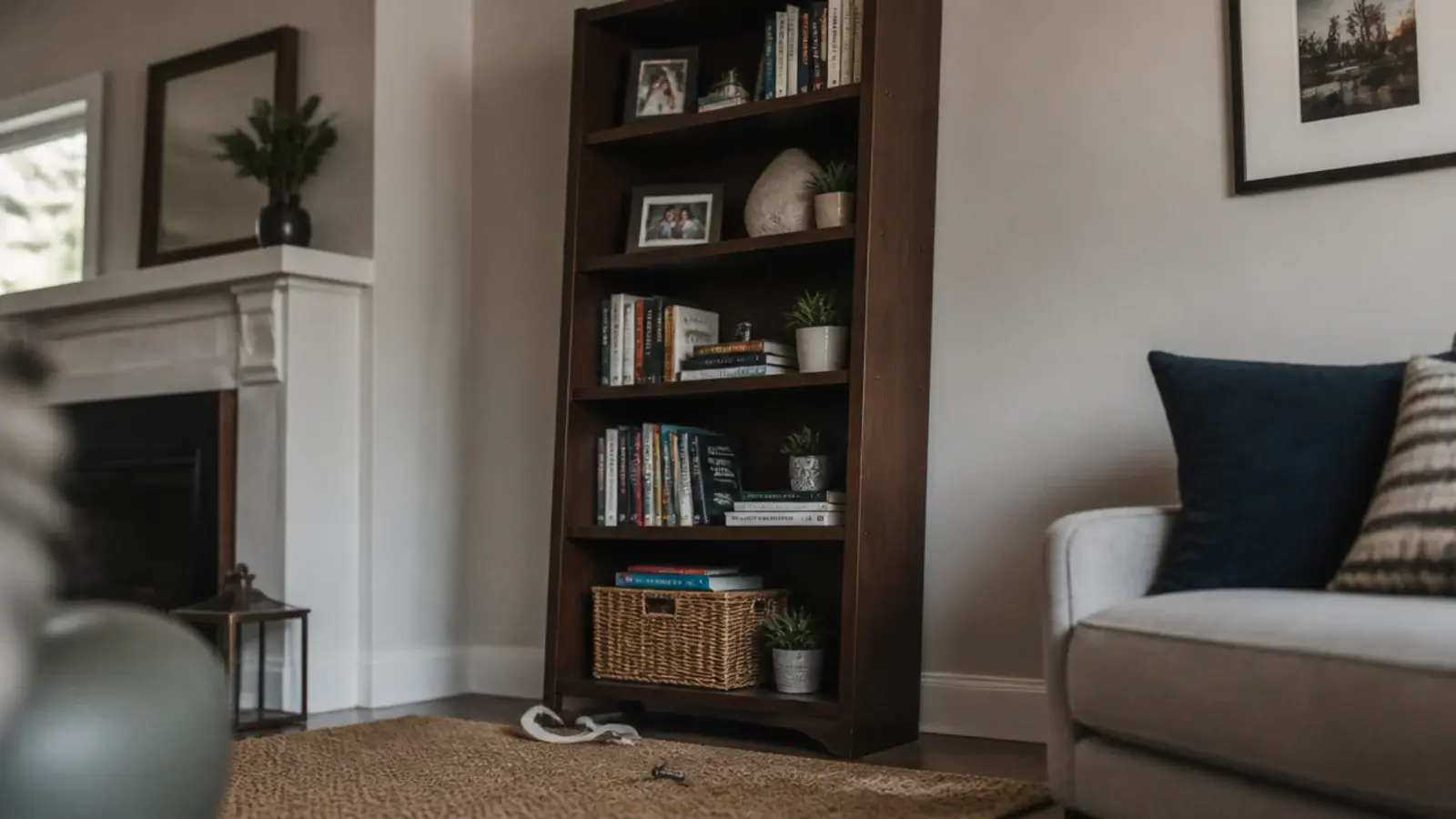 tall bookcase leaning slightly forward away from the wall behind it