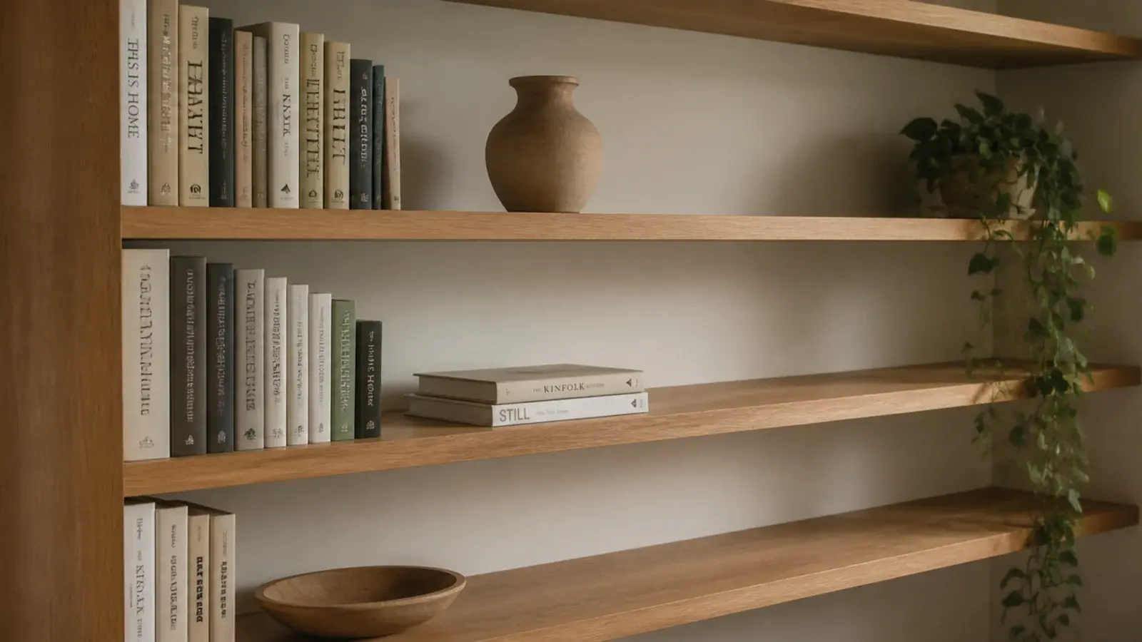 calmly edited bookshelf grouped by height with generous empty space